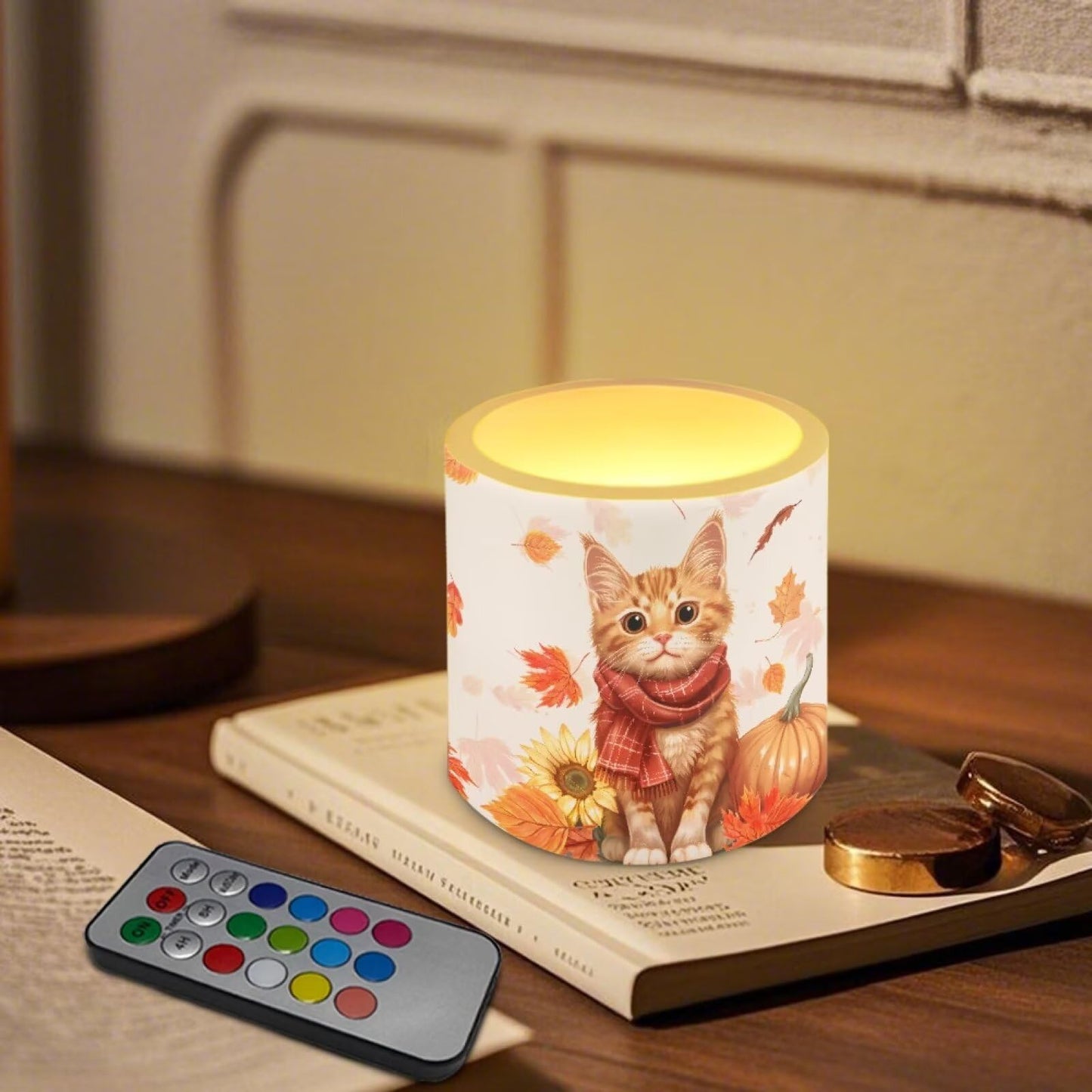 Cozeyat Autumn Cat Flameless Candles 4 Pack Battery Operated with Remote Control Timer LED Pillar Candles Waterproof for Indoor Outdoor Decor