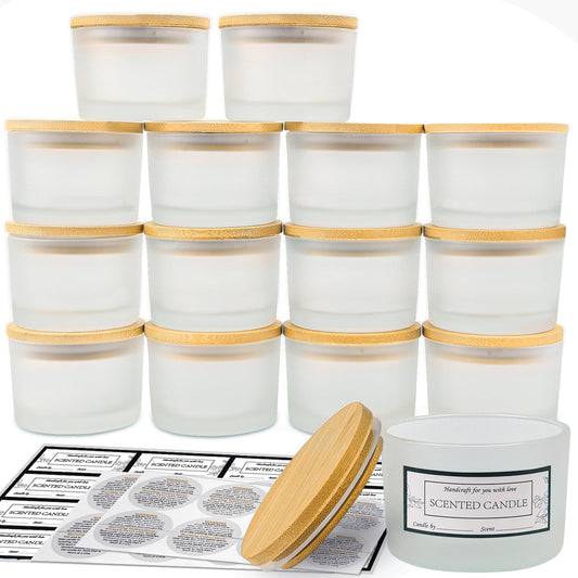 CONNOO 15 Pack 4 OZ Frosted Glass Candle Jars with Airtight Bamboo Lids for Making Candles, Bulk Small Wide Mouth Empty Candle Containers with Sticky Warning Labels - Dishwasher Safe