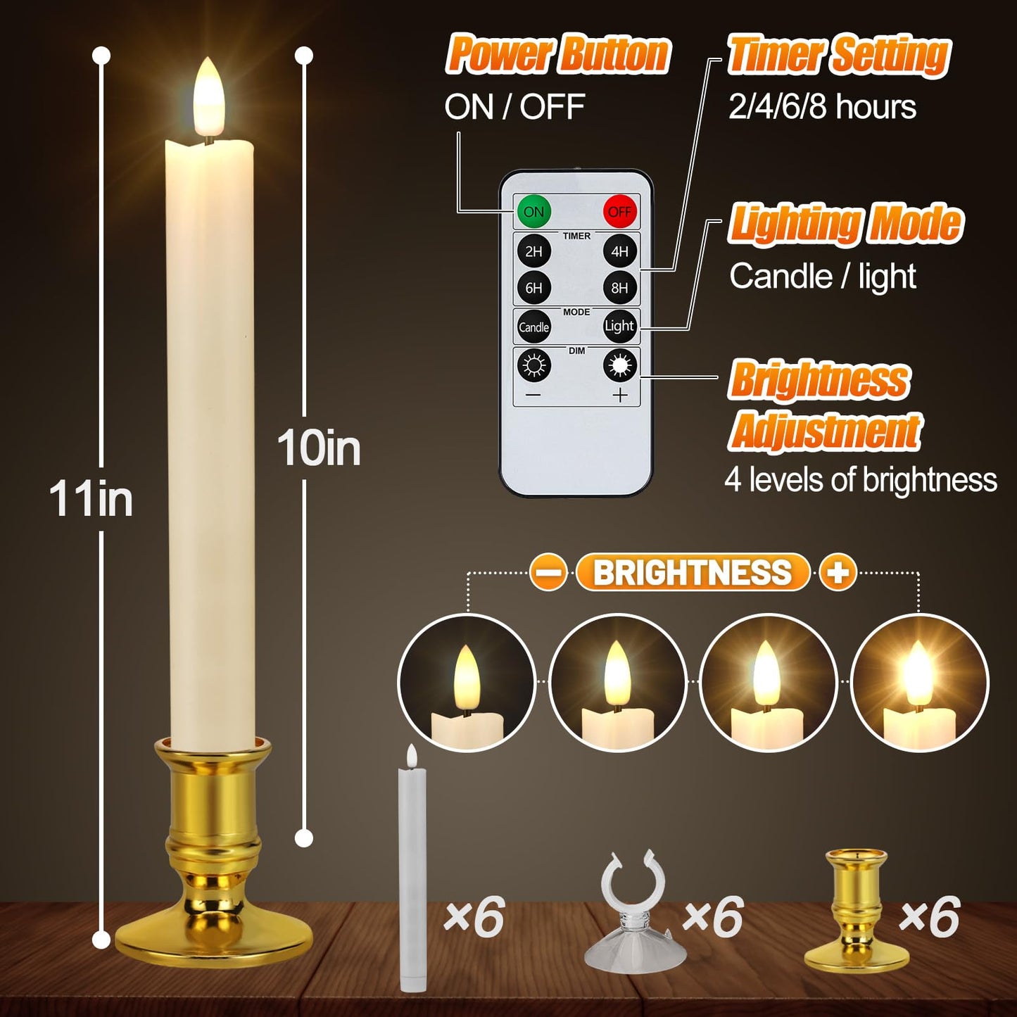 PAMASE 2-in-1 LED Christmas Window Candles - Battery Operated Christmas Candles with Timer/Removable Candlesticks/Suction Cups, Flameless Candle Lights for Xmas Holiday Decorations (6 Pack)