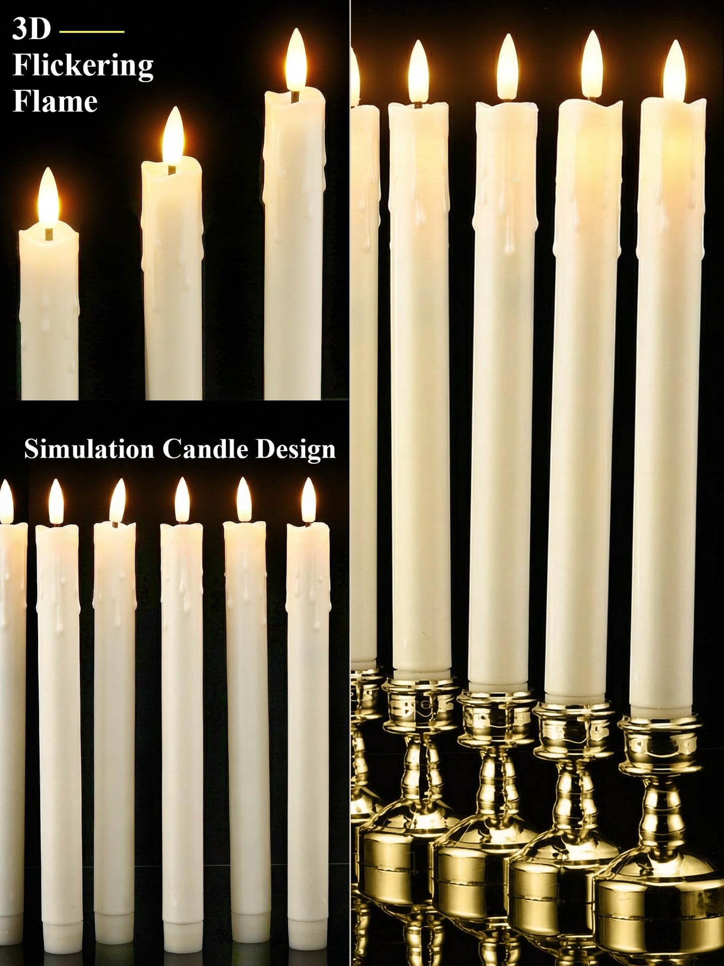 VIHOSE 24 Pcs Flameless Taper Candles with Holders Remote Timer Battery Operated Candles Bulk LED Candlesticks Flickering for Valentines Wedding Home Window Carnival Party Decor(Gold,Dripping Style)