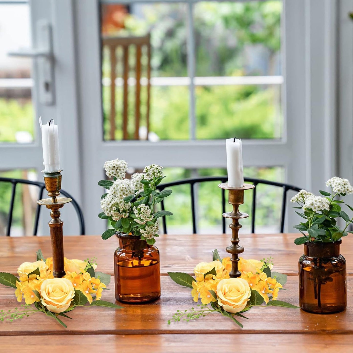 2PCS Artificial Roses Candle Rings Wreaths 4 Inch Center for Pillars Wedding Centerpiece Table Decorations Fake Rose Eucalyptus Leaves Floral Candle Ring for Holiday Party Supplies (Yellow)