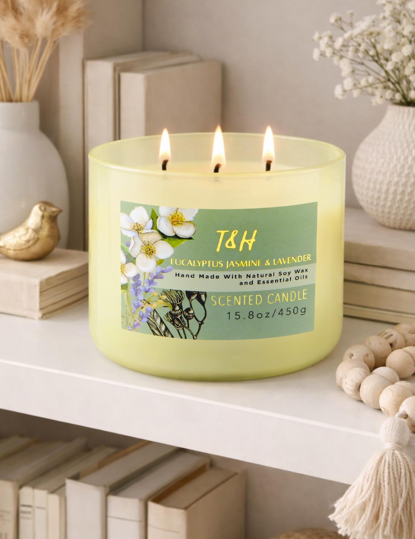 Eucalyptus Jasmine Lavender Scented Candle | 3 Wick Large Soy Candle for Home 15.8oz | Relaxing Aromatherapy Spa Candle | Strong Scent, Long Lasting, Clean Burn | Stress Relief Gift for Women & Men