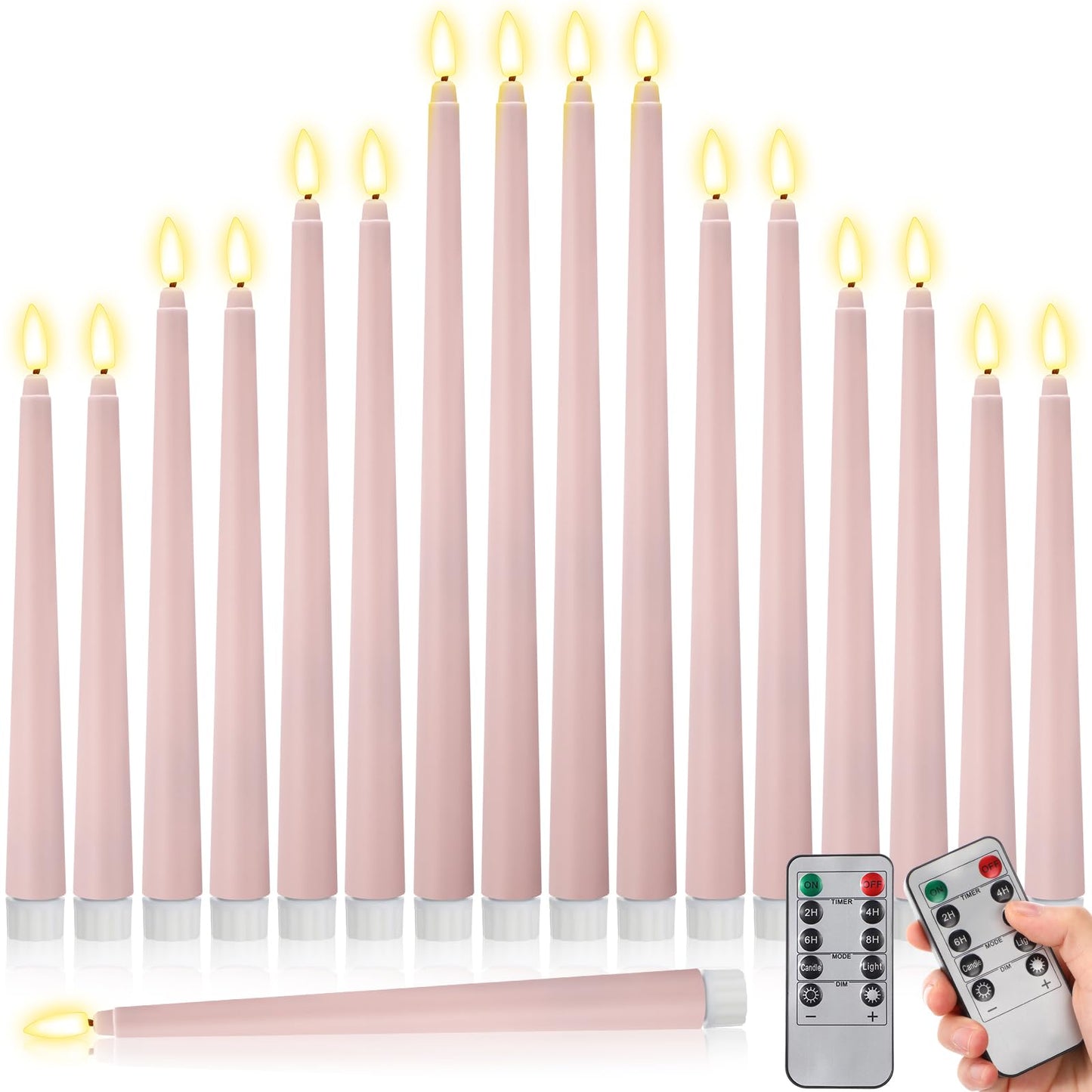 Rossesay 16 Pcs Pink Flameless Taper Candles Battery Operated Candles with Remote Timer 8.5" 9.6" 10.8" 12.8" Multiple Sizes Pink LED Flickering Candlestick for Wedding Centerpieces Party Decor