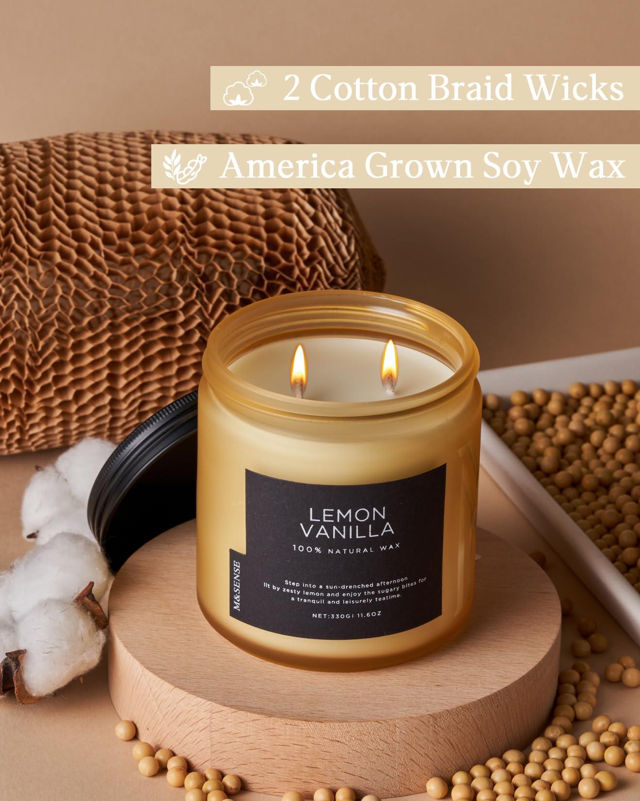 M&SENSE Lemon Vanilla Home Scented Candles, 11.6oz Organic Soy Wax, 70-Hour Clean Burning, Natural Candles Non Toxic, Citrus Scent for Relaxation, Aromatherapy Housewarming Gift for Men Women