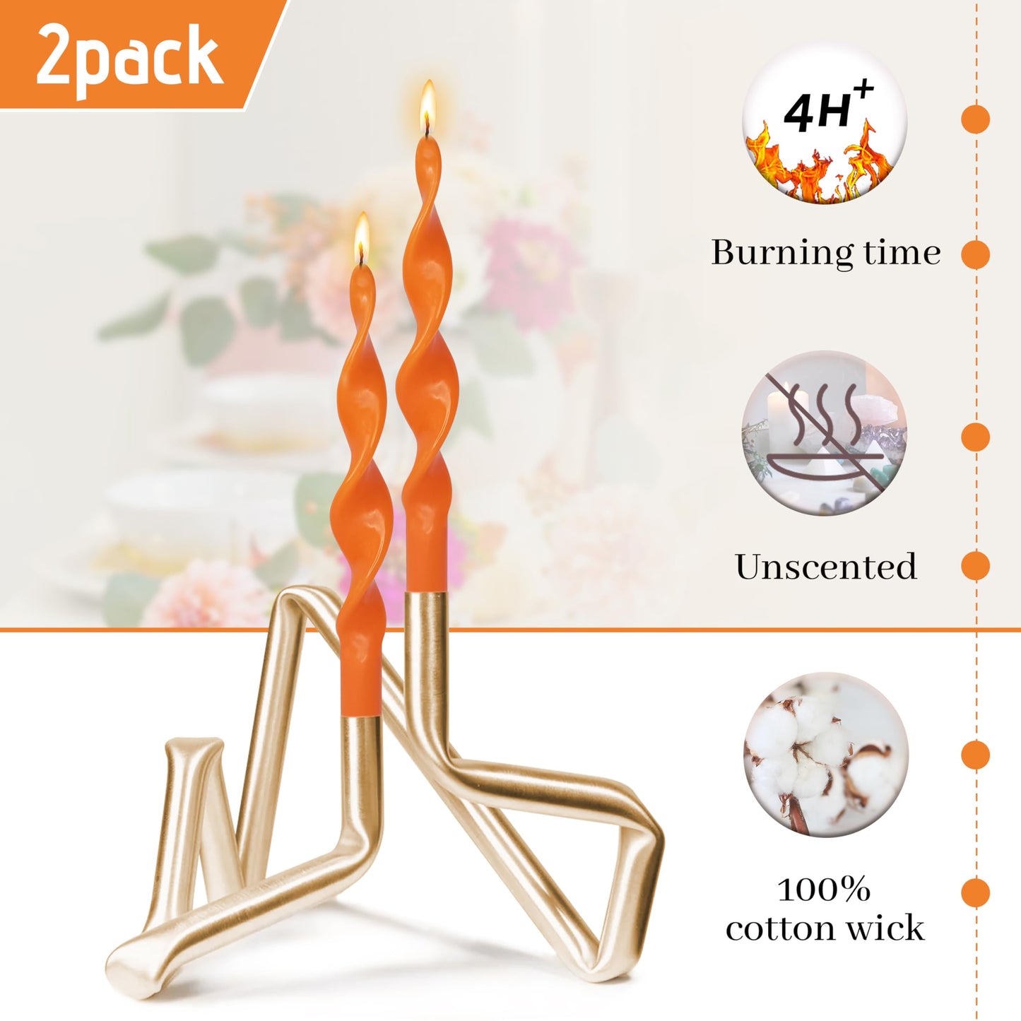 Smokeless Orange Spiral Taper Candle Unscented Taper Candlesticks Handmade 10 Inch Long Twisted Candles for Wedding Home Decor Women Gift