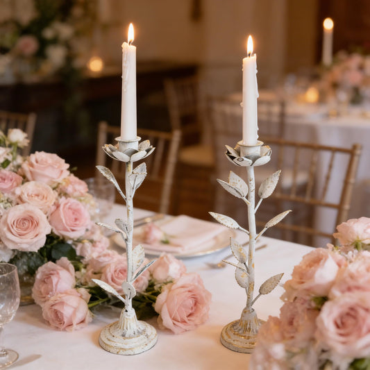 2-Piece Vintage Rose Taper Candle Holders, Distressed Distressed White & Gold Metal Candlestick Stands with Pink Floral Design, 12.2" Tall Rustic Farmhouse Tabletop Decor for Wedding, Dining & Home