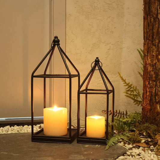 DECORKEY Lantern Decorative Indoor&Outdoor, 18’’&14’’ Large Black Metal Candle Lanterns Decor, Vintage Hanging Holders for Home Porch Wedding Centerpiece, Spring Farmhouse Decorations