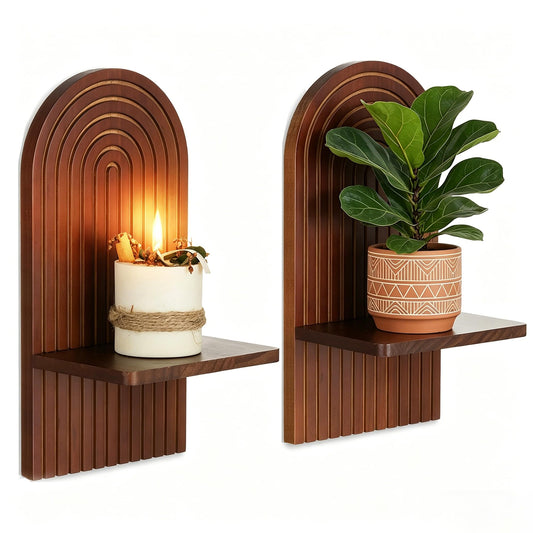 Walasis Mid Century Modern Candle Sconces: Set of 2 Walnut Boho Wall Candle Holder Decor for Living Room Fireplace - Arch Candle Shelf for Plants Pillars Candles
