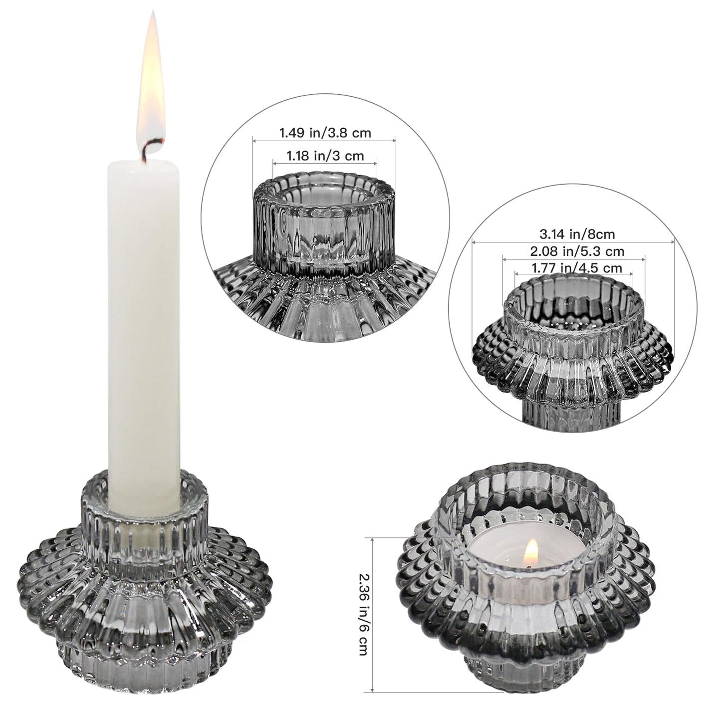 CHOCSTAY Reversible Candlestick Holders Set of 3, Gray Glass Taper and Tealight Candle Holders for Table Centerpiece, Wedding, Party, Home Decor