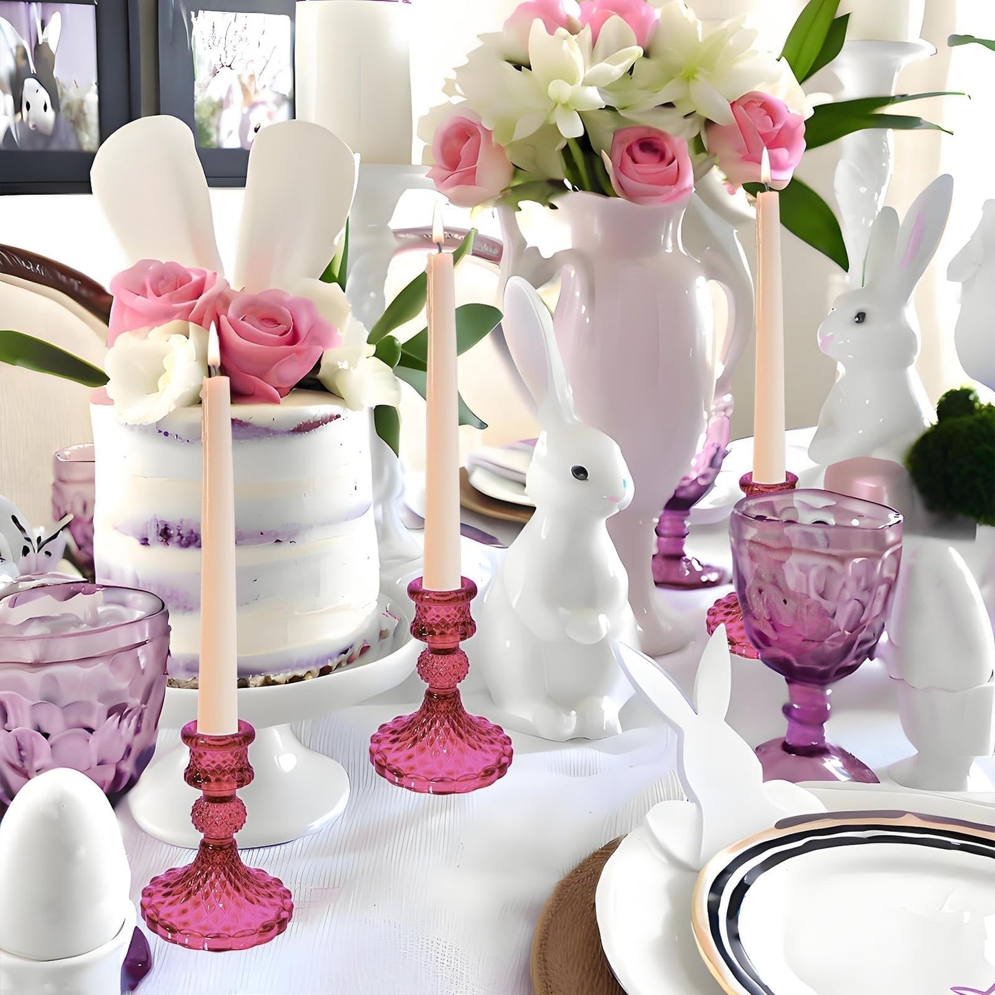 ECHFSM Glass Candlestick Holder,Striped Taper Candle Holders,Set of 6 Candle Stand for Table Centerpieces, Home Decor,Weddings,Festival and Parties (GCH002-Purple Dimond)