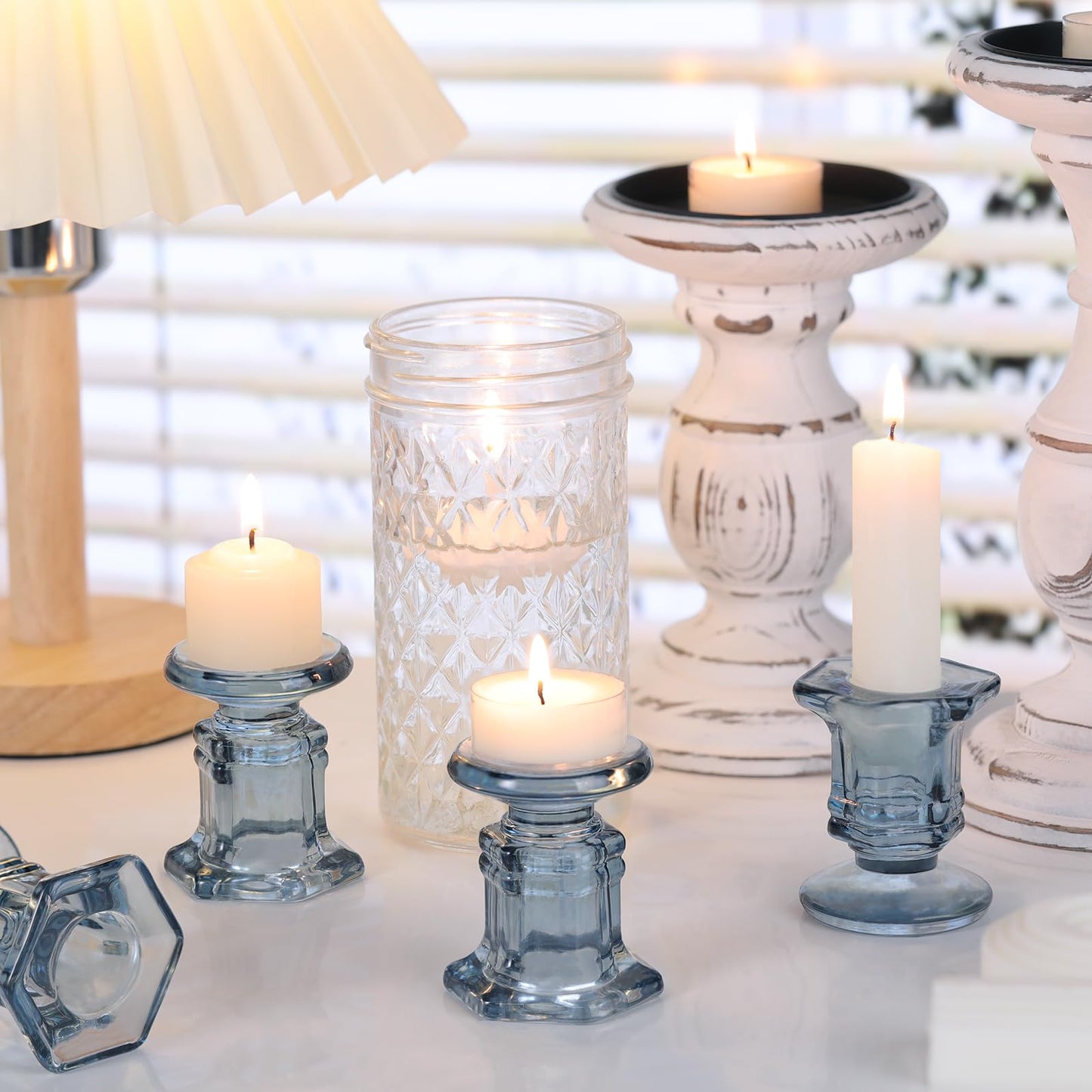 Lanttu 12 Pcs Blue Candlestick Holders Bulk, Glass Candle Holders Set,Crystal Taper Candle Holder for Wedding, Table Centerpiece, Home Decoration