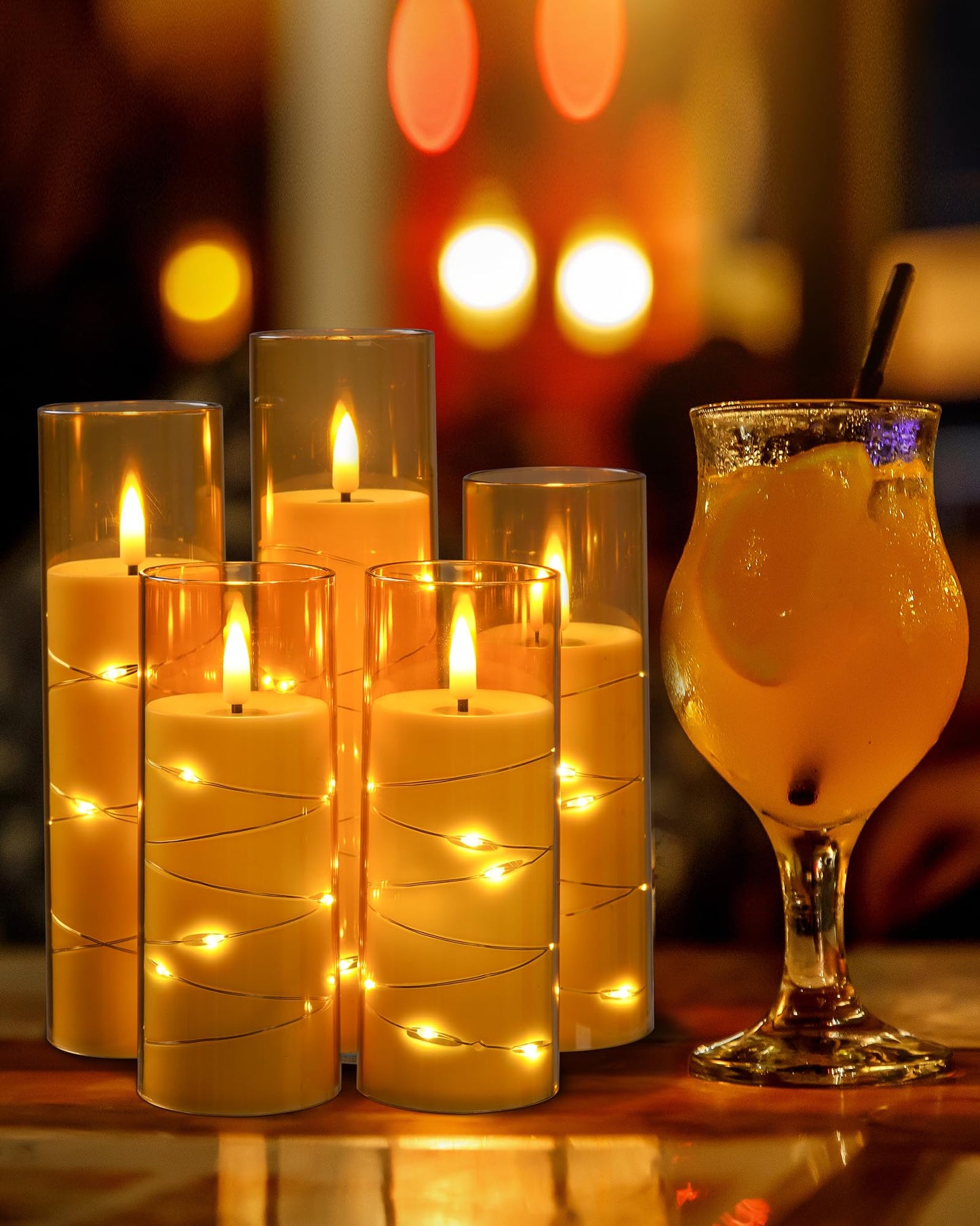 Da by Flameless Candle Light, Battery Candle with recessed String Lights, 5 flameless Candles with 11-Key Remote Control, 24-Hour Timer Function, Champagne Color (Pack of 2)