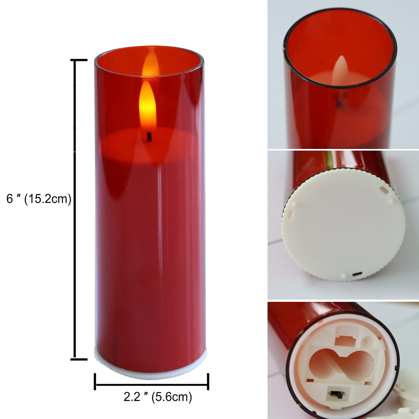 CANDLE CHOICE Indoor Outdoor Flameless Candles with Timer Waterproof Realistic Flickering Battery Operated Pillar LED Lights with Acrylic Shell Wedding Party Christmas Decorations 6 Pack 2”x6” Red