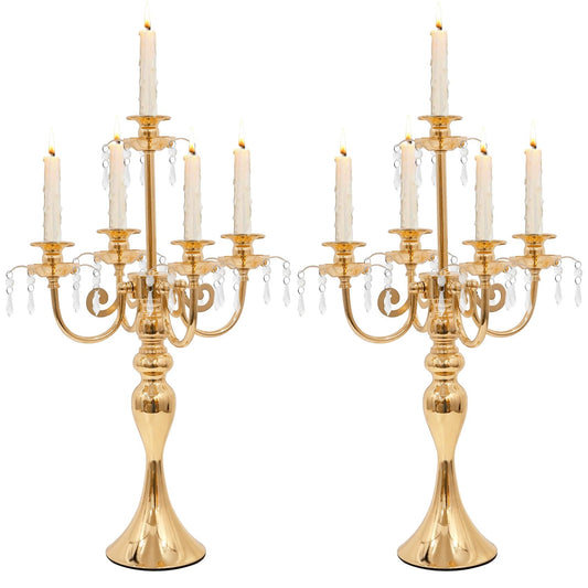 Candelabras Centerpieces for Tables, 20" Tall Candlestick Holder for Taper Candles, 5 Arm Crystal Candelabra Candle Holder for Wedding Centerpiece Decor Party Event Reception Decoration (Gold)
