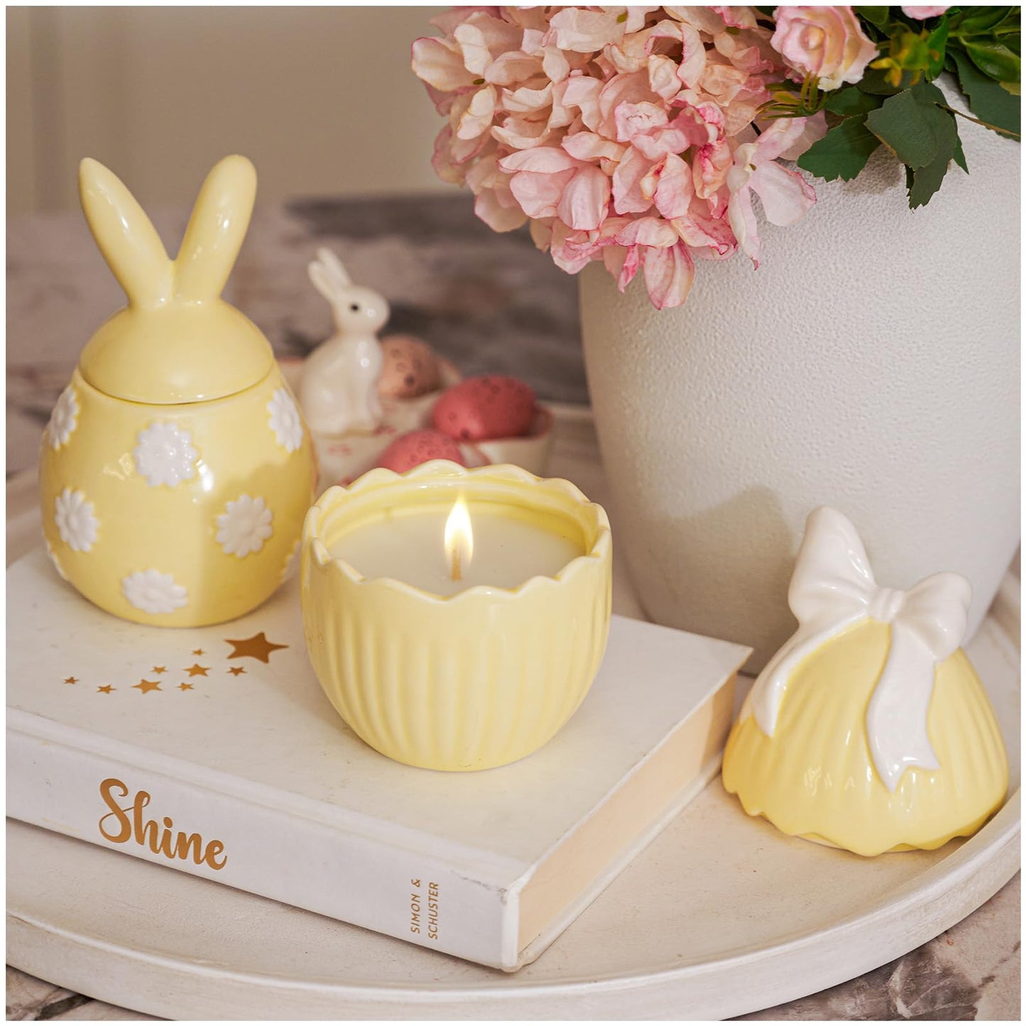 WDS WONDROUS 2-Pack Easter Bunny & Bow Ceramic Jar Candles, Egg Shaped Soy Wax Scented Candles with Daisy and Striped Design, Spring Home Decor Gift Set for Women, Yellow Farmhouse Table Centerpiece