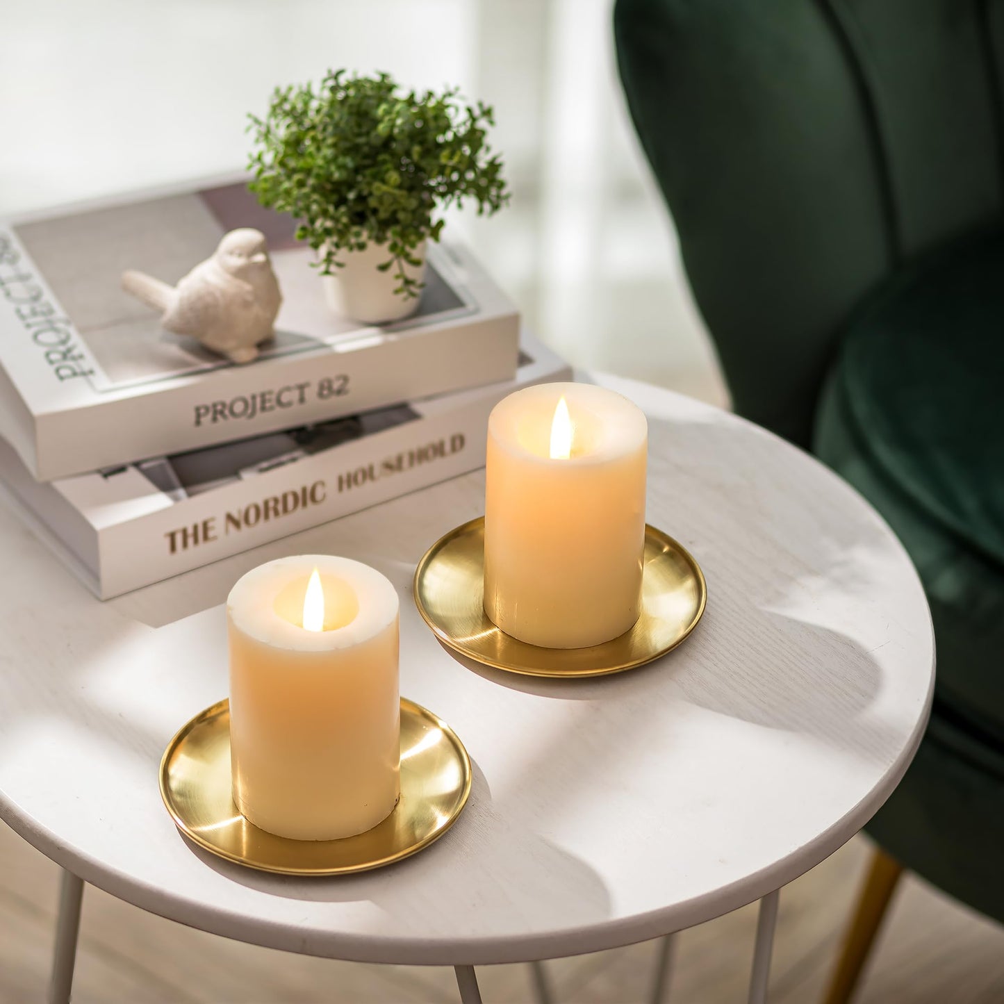Romadedi Gold Pillar Candle Holders Decor - 5.5 Inch Round Candle Tray Decorative Brass Metal Plate Candle Srand for 3 Wick Candles Jars for Coffee Table Countertop Home Decorations, Set of 2