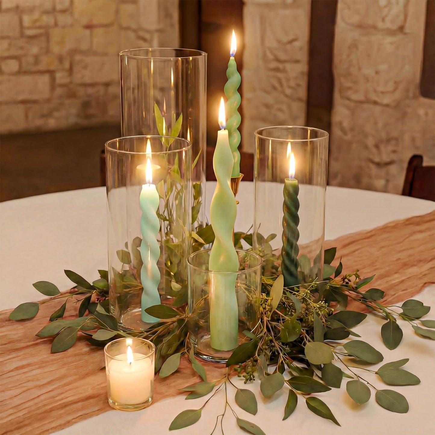 Nuanchu 12 Pcs Sage Green Spiral Taper Candles Teal Twisted Wax Candlesticks 7.5 Inch Short Green Spiral Wax Scented Taper Candles for Wedding Bridal Shower Birthday Party Dinner Table Centerpiece