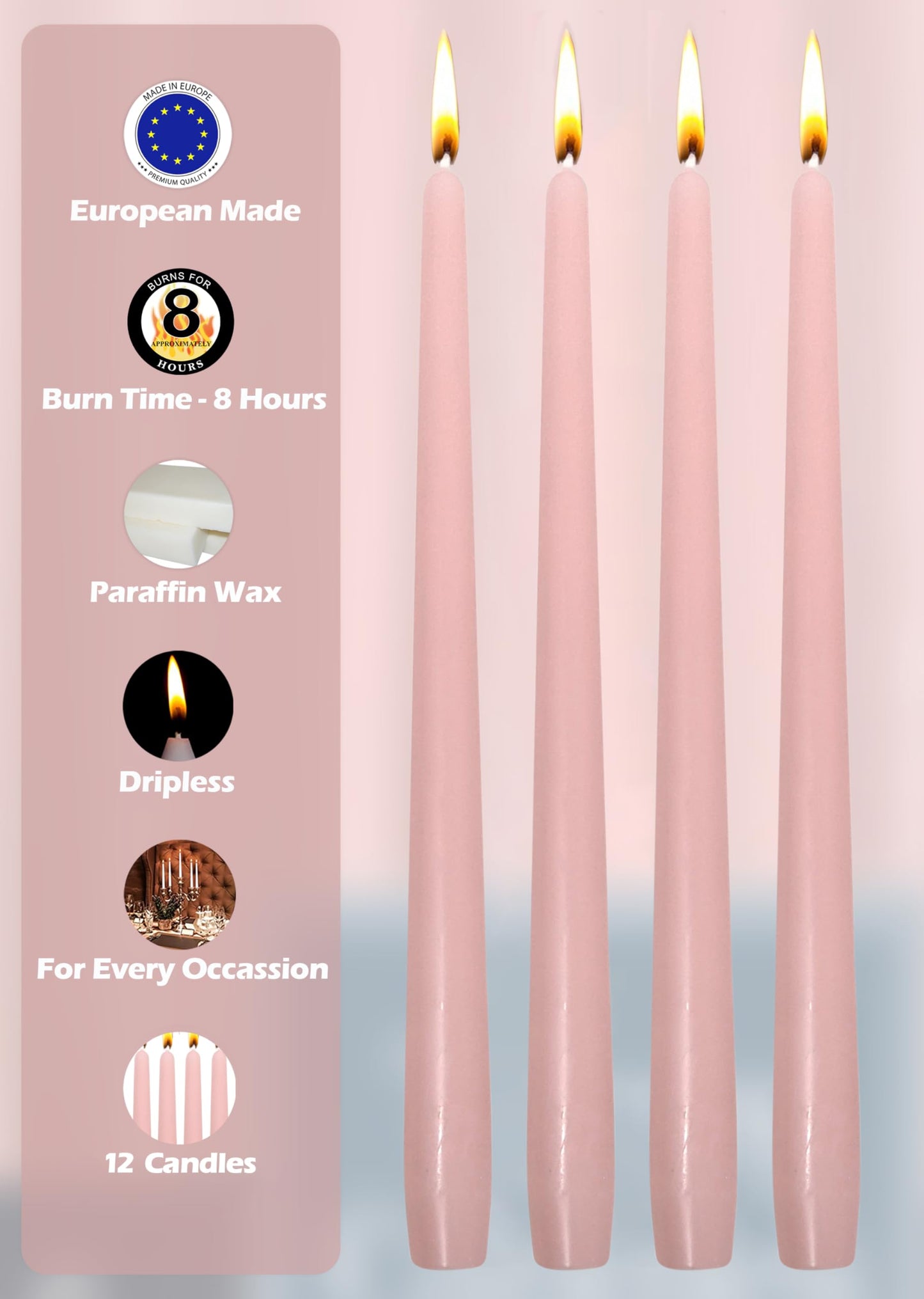 Hyoola Tall Taper Candles - 10 Inch Light Pink Unscented Dripless Taper Candles - 8 Hour Burn Time - 12 Pack