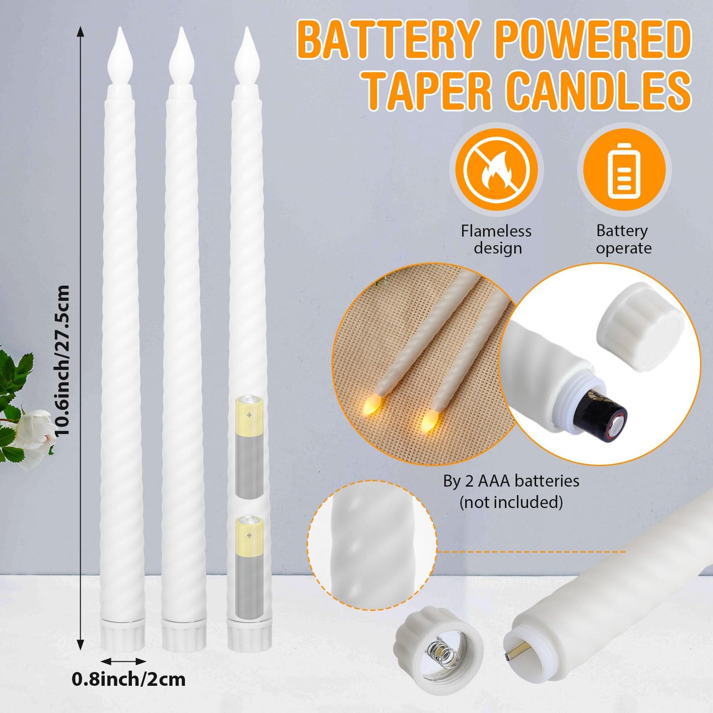 Retisee 50 Pack Easter Flameless Taper Candles 10.6" Spiral Battery Operated Bulk Pastel LED Taper Candles Flickering LED Candlesticks for Easter Wedding Dinner Table Home Decor(White)