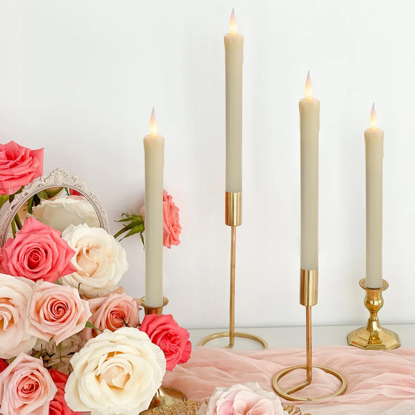 WYZworks 24 Pack, 10" LED Flameless Ivory Real Wax Drip Taper Pillar Candles w/Remote Controller, On/Off Button, Dimmable, Flicker/Static Mode, Battery Operated, Christmas Menorah Home Wedding Décor