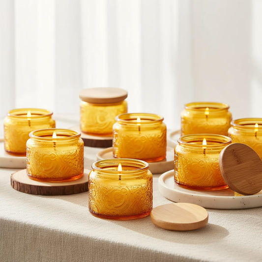 18-Pack 4oz Embossed Glass Candle Container with Bamboo Lids and Labels, Orange Candle Jars for Making Candles, Sun Moon Star Design