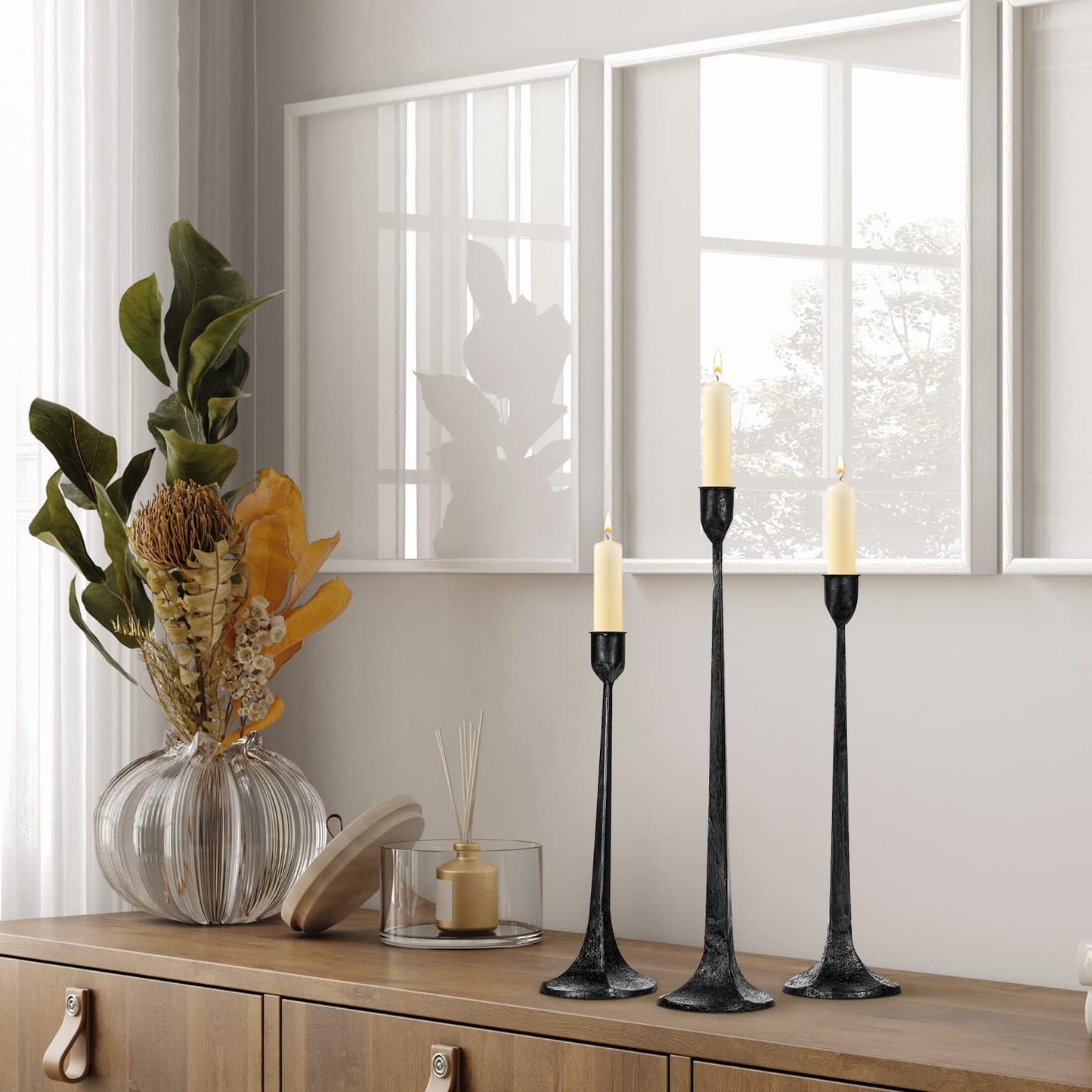 Iron Taper Candle Holder Set of 3 - Decorative Tall Candle Stand, Candlestick Holder for Wedding, Dining Table, Party Decoration