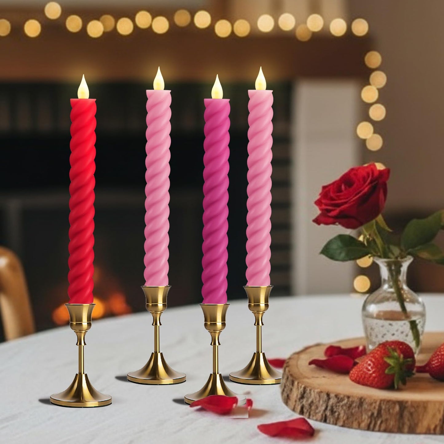 Baquler 6 Pcs Flameless Taper Candle Pink and Red Twisted LED 9.65 Inch Taper Candles Battery Operated Twisted Candlestick for Spring Birthday Home Party Dinner Table Decor