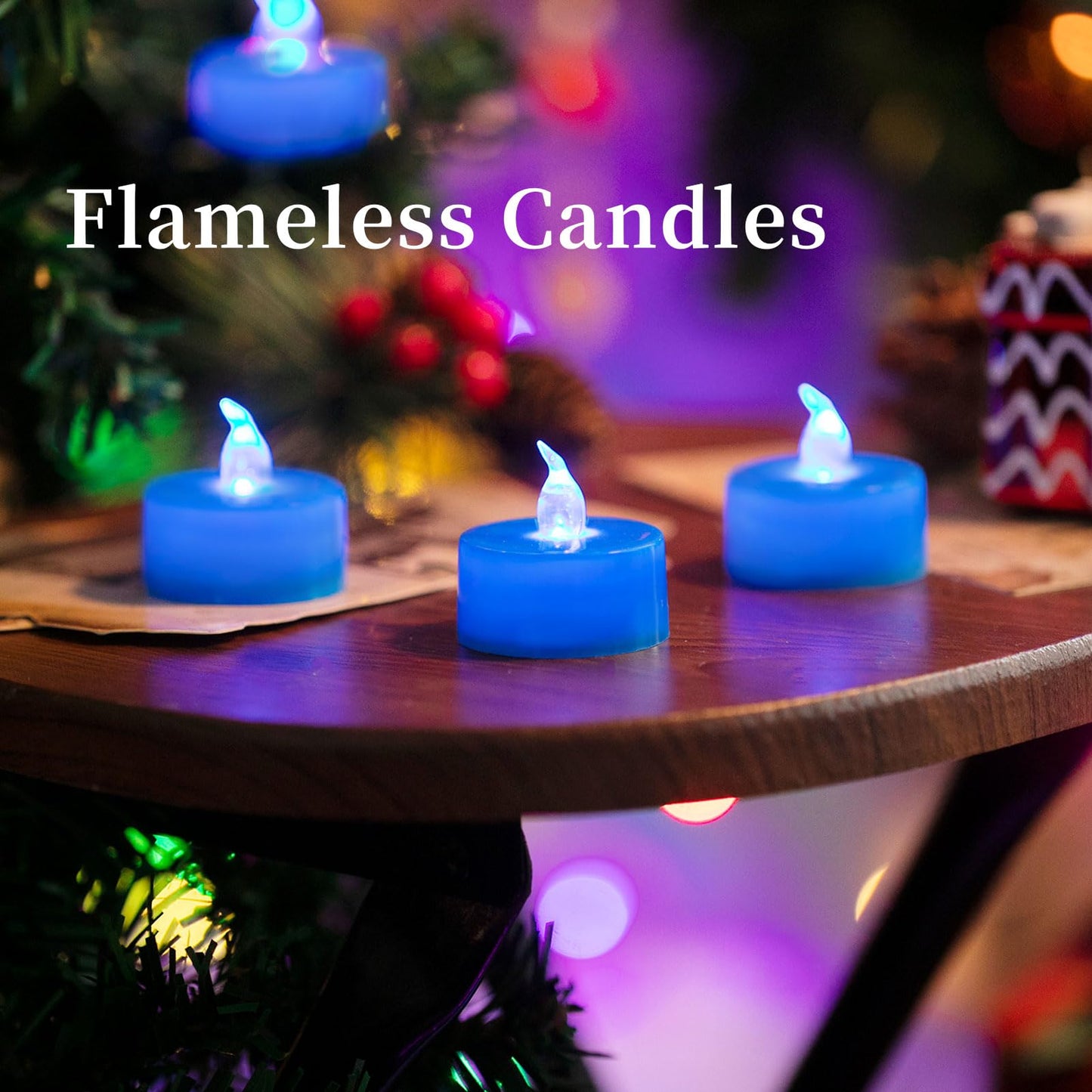 LANKER 24 Pack LED Tea Lights Candles, Flickering Blue Flameless Tealights, Long Lasting Battery Operated Fake Candles, Decoration for Halloween and Christmas (Blue - 24pcs)