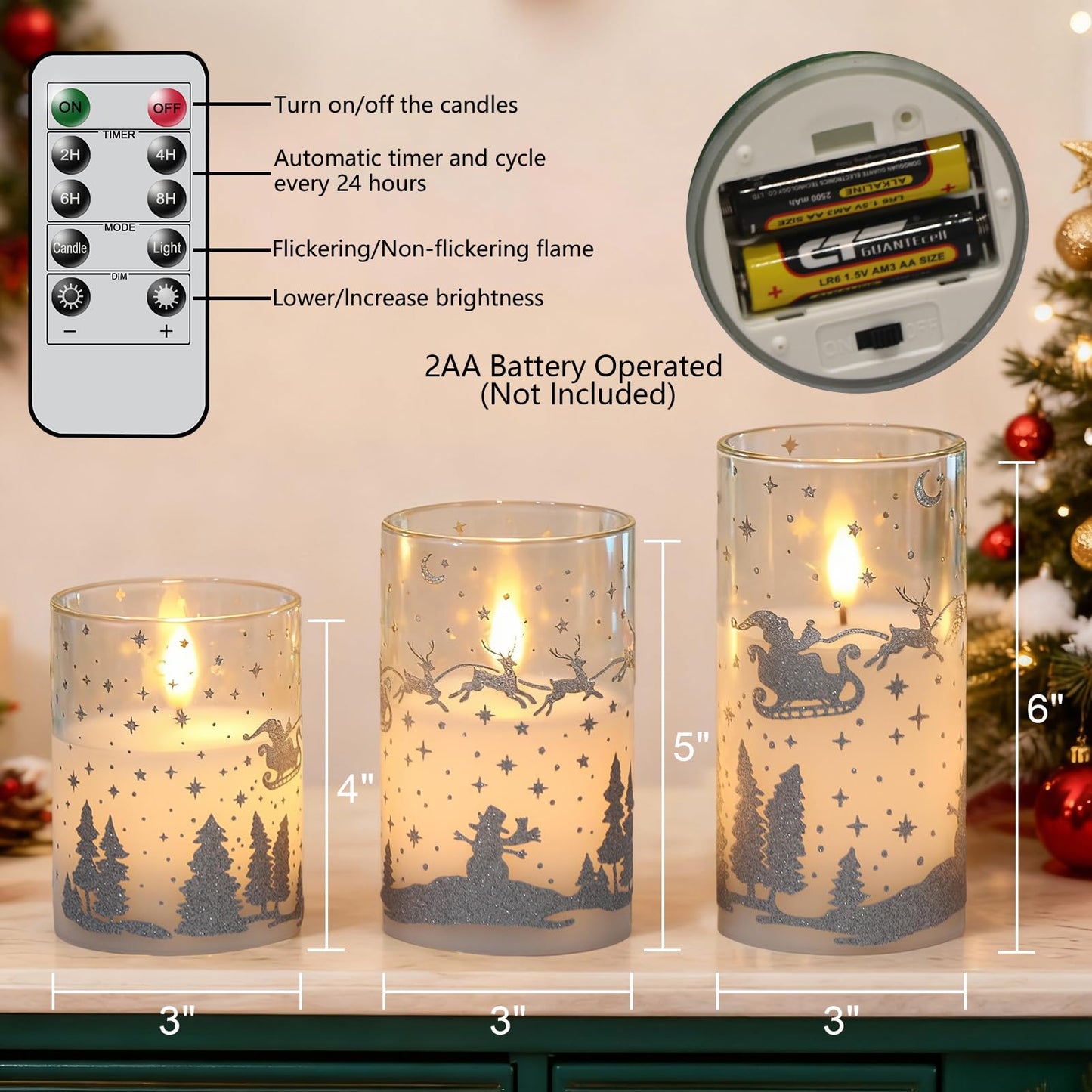 DRomance Reindeer Glass Flameless Candles Battery Operated with Remote and Timer Real Wax Silver Glitter 3D Wick LED Flickering Candles Warm Light Indoor Christmas Holiday Decor 3" D x 4", 5", 6" H