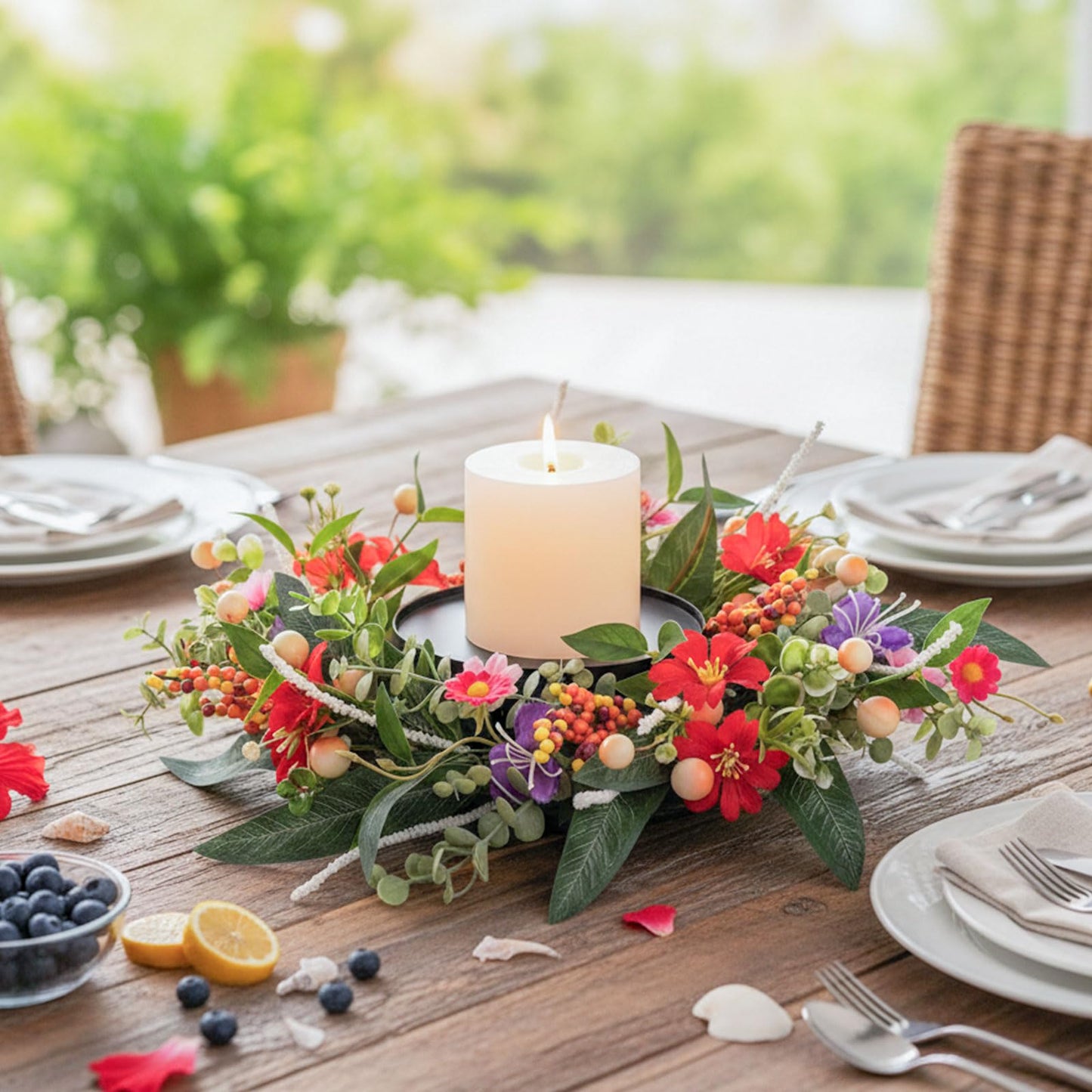 MOYEE Summer Candle Holder Centerpieces for Tables,Candle Ring, Black Metal Candlestick with an Artificial Wreath 14 in Versatile Dining Table Centrepiece (Autumn-Themed Flower and Fruit Wreath)