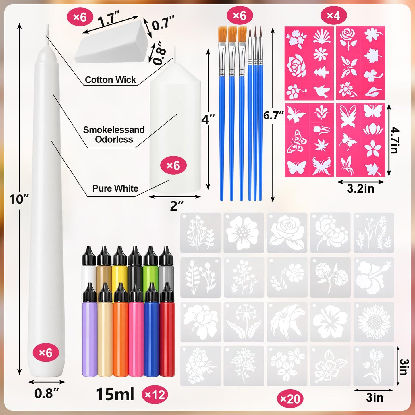 Treela 60 Pcs DIY Candle Painting Kit Include 6 White 6 White Tapered & 6 Pillar Candles 12 Candle Wax Pen 24 Floral Painting Stencils 6 Paint Brushes 6 Sponge Blocks for Craft Birthday Wedding Party
