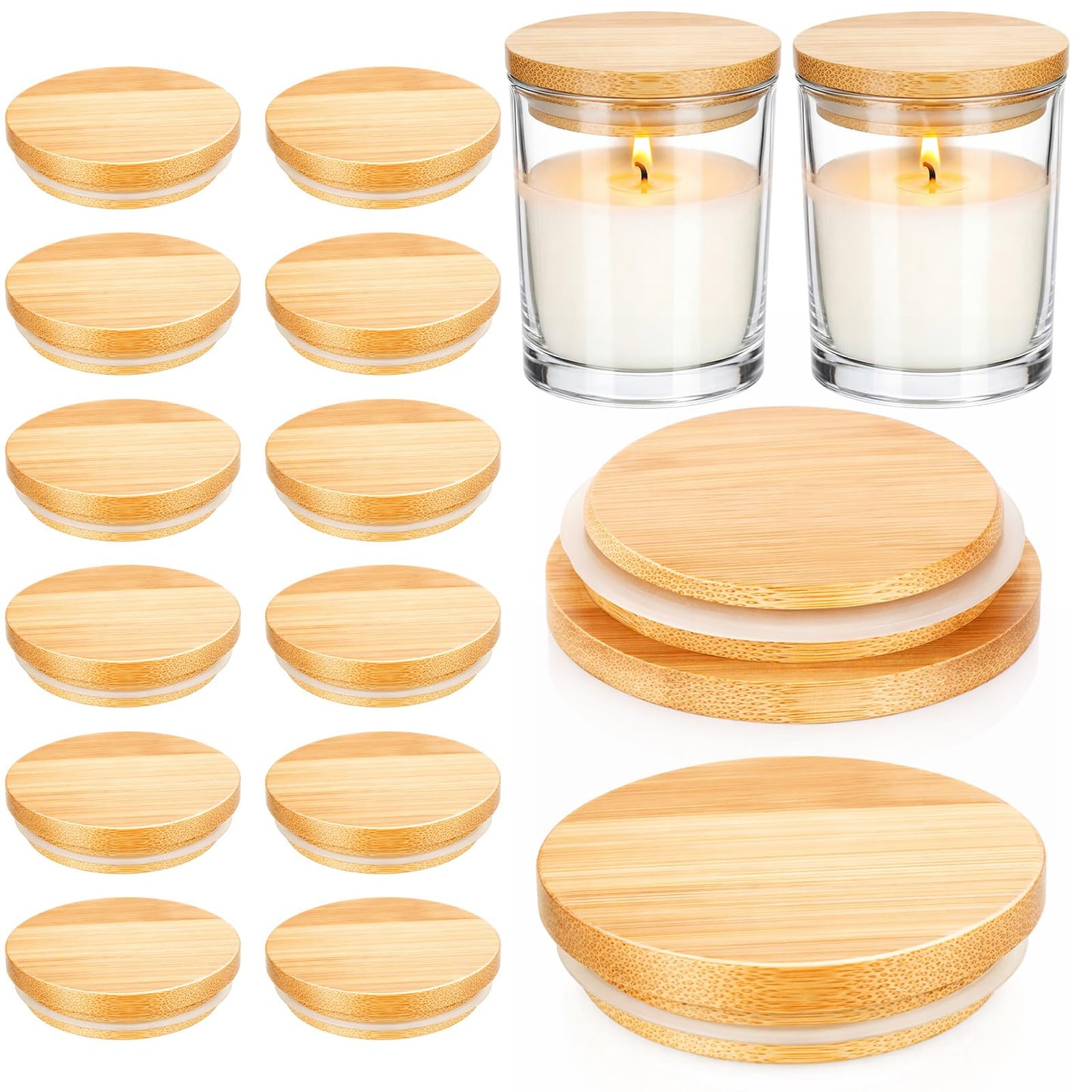 Ferrochef 12 Pcs Bamboo Lids for 7oz Candle Jars,Only Wood Cup Lids Tops for Making Candle, Glass Jars, Reusable Cover for Storage Decor Sample Container