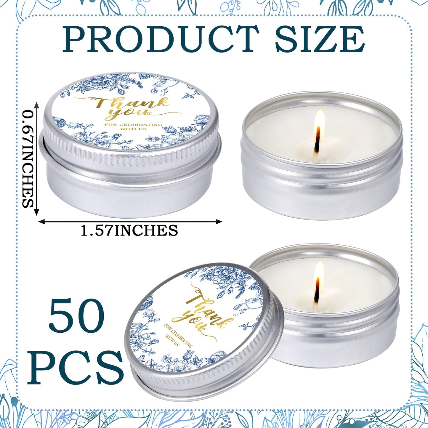 MTLEE 50 Pcs Blue Floral Wedding Candles Gift Favors for Guests 1 Oz Lavender Scented Soy Wax Aromatherapy Candle Favors for Bridal Shower Rustic Wedding Party Guests(Blue Floral)
