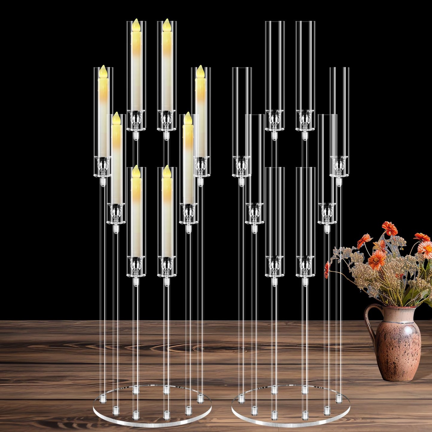2 Sets 8 Arm Acrylic Candle Holder, Mjkeomo 38.5'' Tall Candelabra Centerpieces for Tables Clear Candlesticks Holder with Lampshade for Housewarming Gift Fireplace Dinner Decor Fit 0.82'' LED Candle