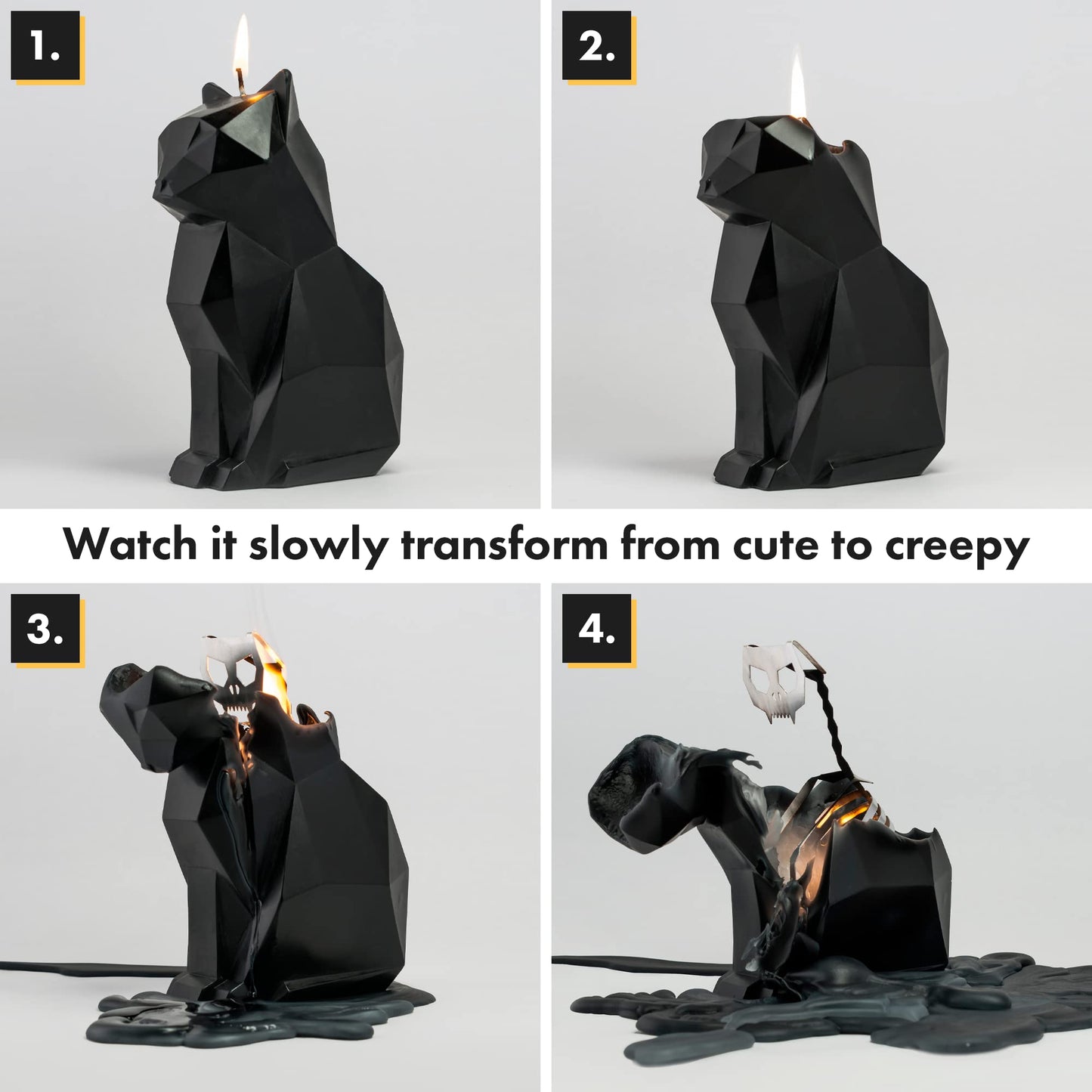 Pyropet Kisa Cat Candle with Skeleton Inside, Black, 20 to 25 Hour Burn, 6.7 x 2.9 x 4.5 in Sculptural Geometric Kitty and Creepy Cute Décor, Unique Melting Christmas Gift for Cat Lovers