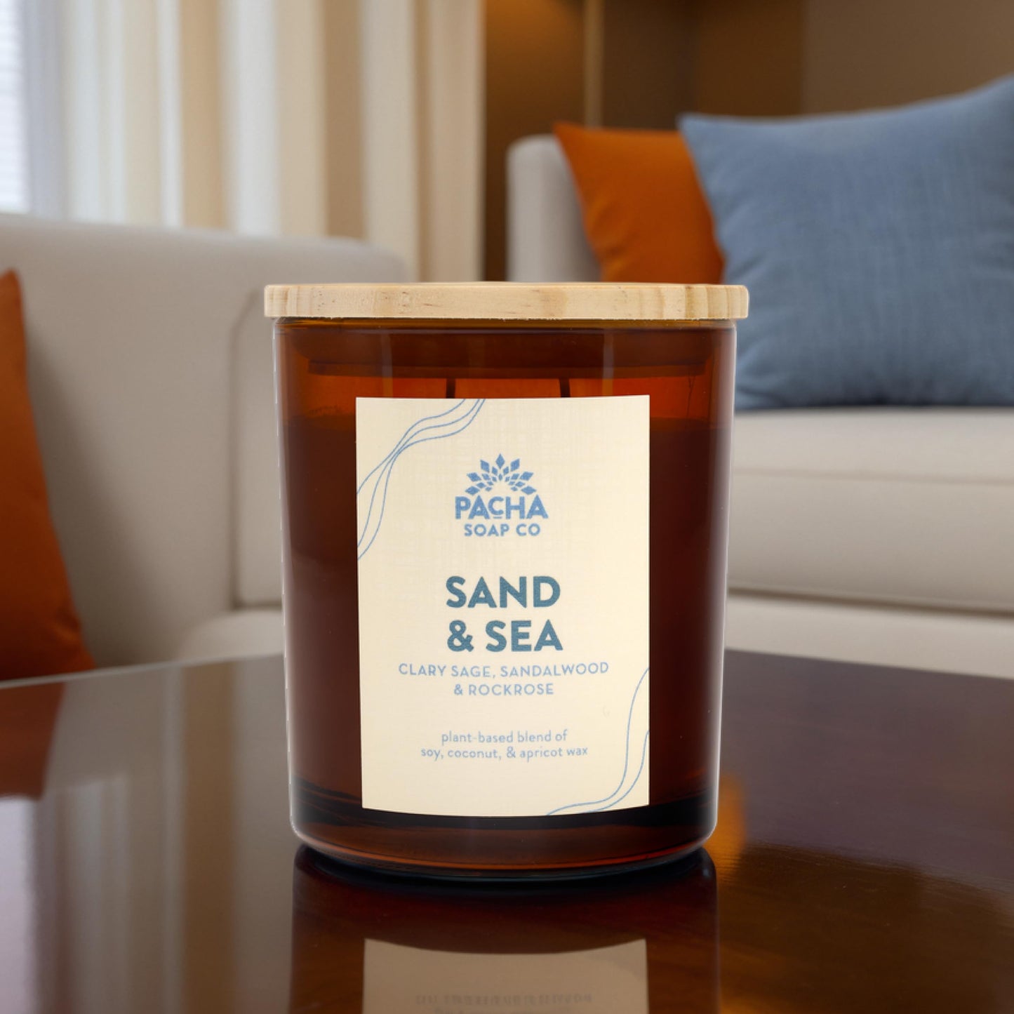 PACHA SOAP Co. Sand & Sea Candle, 7 oz - Scents of Clary Sage, Sandalwood and Rockrose - Clean Burning, Soy, Coconut & Apricot Wax, Lead-Free Wick, Cruelty-Free, Recyclable
