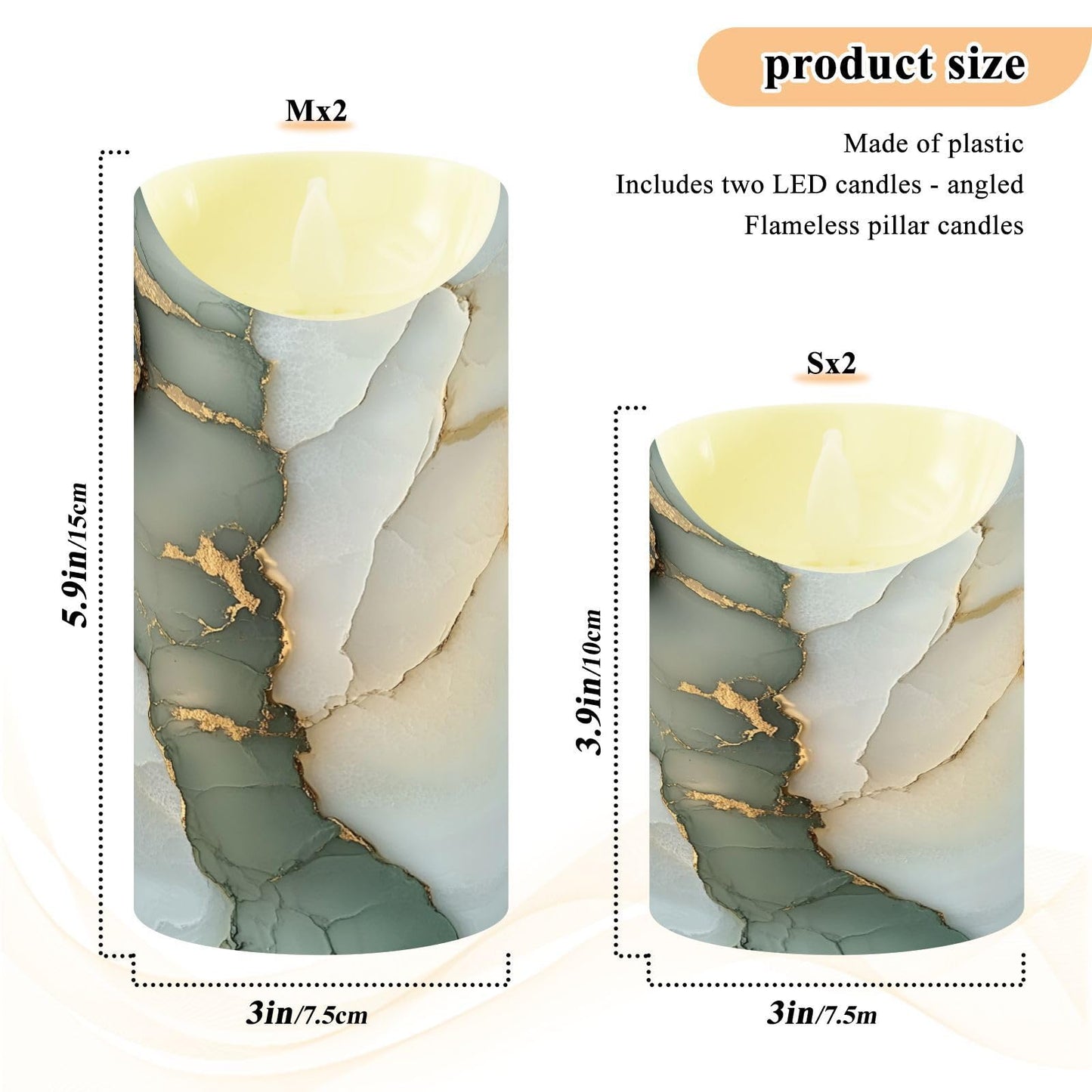 famyily Waterproof Outdoor LED Candles with Timer 2/4/6/8H Reusable Battery Operated Fake Candles for New Year’s Eve Party 3.9x3in - Marble Sage Green White