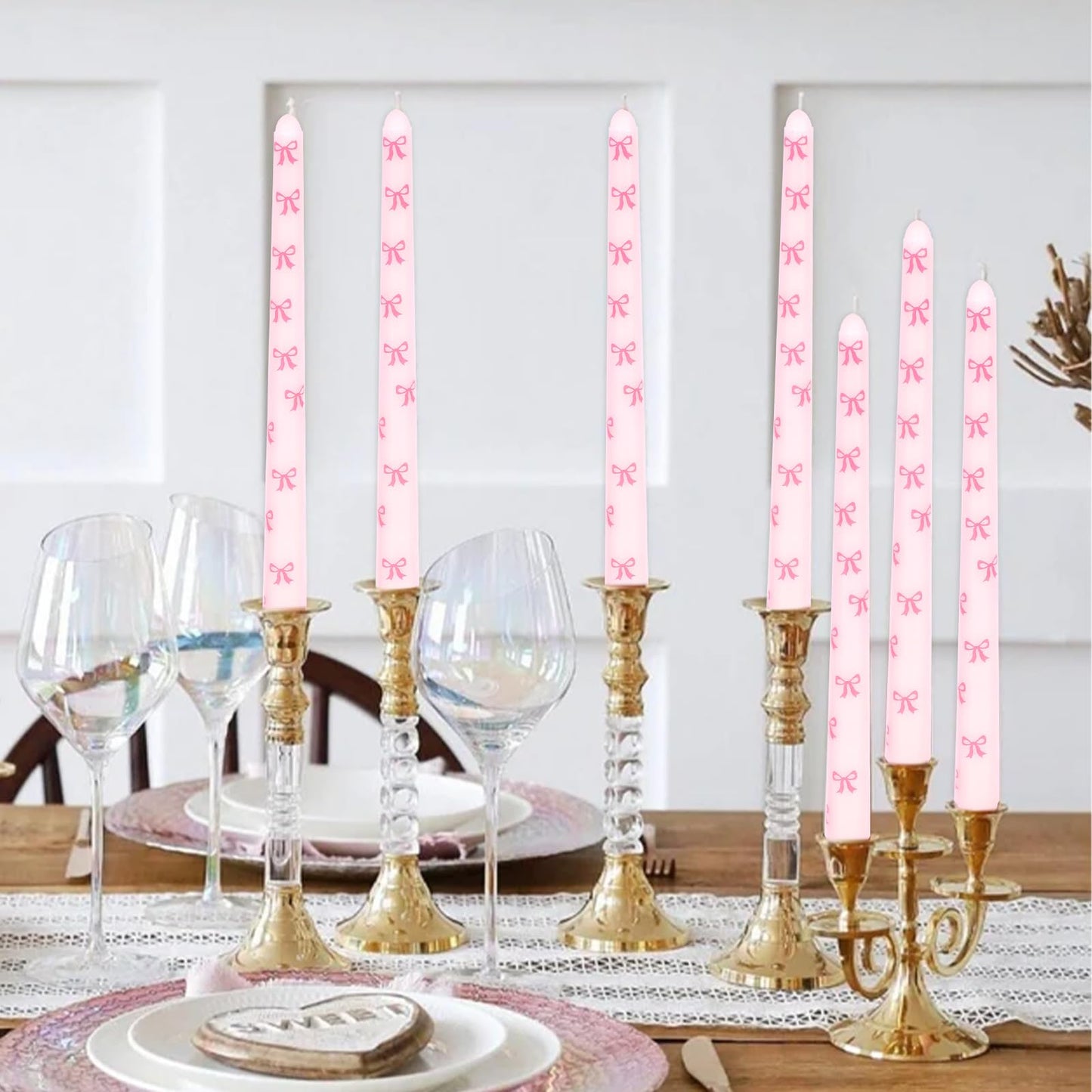 JarThenaAMCS 6Pcs Valentine's Day Taper Candles 10 Inch Pink Bow Decorative Candles Long Unscented Candle Sticks for Holiday Birthday Wedding Baby Shower Party Home Table Decor