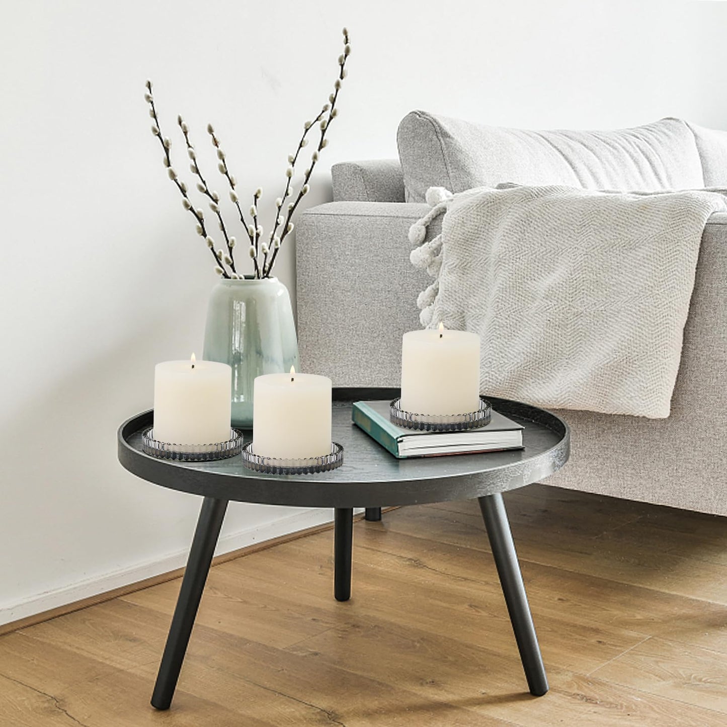 CHOCSTAY Glass Pillar Candle Holder, 4" Gray Candle Plates Set of 6, Glass Candle Holders for Wedding, Party, Holiday, Home Decor, Table Centerpiece