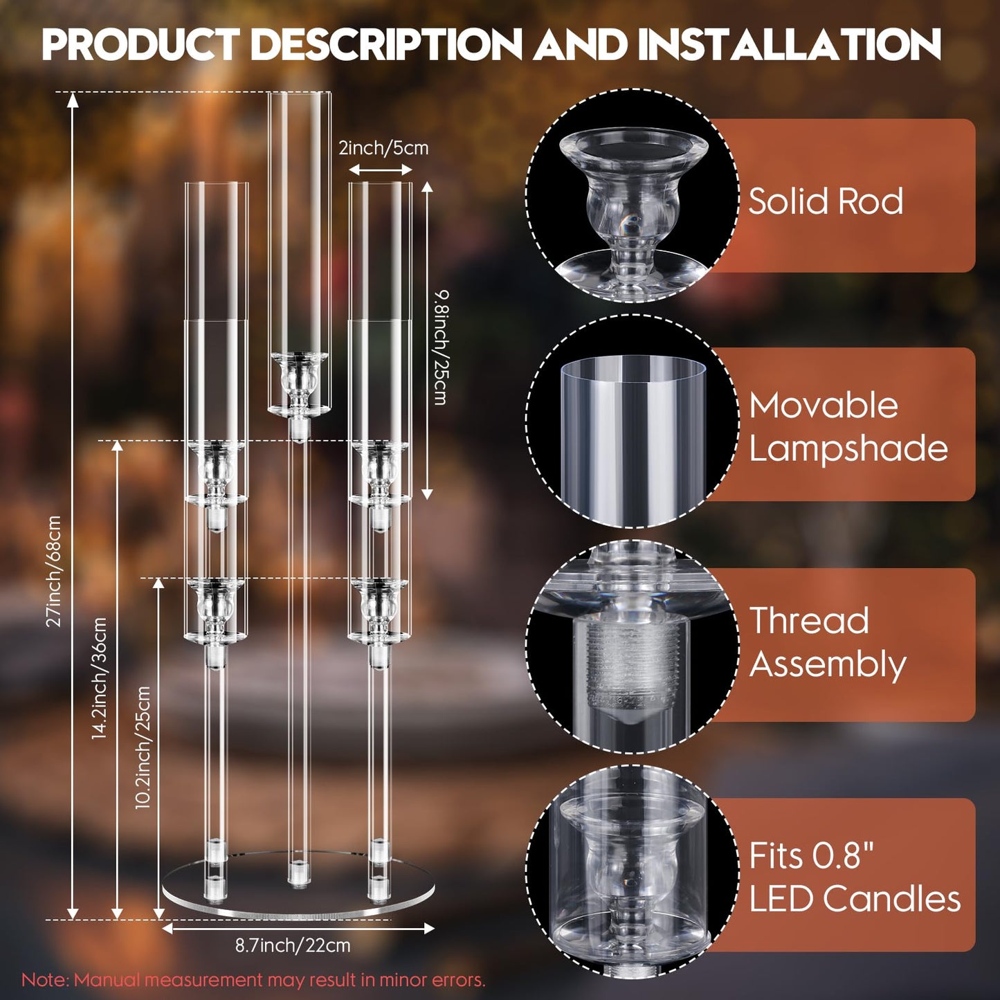 6 Set 5 Arm Acrylic Candelabra Centerpiece, Mjkeomo 27'' Tall Clear Candle Holder for Table, Wedding, Christmas, Fireplace Mantel Decor, Fits 0.82" LED Candles