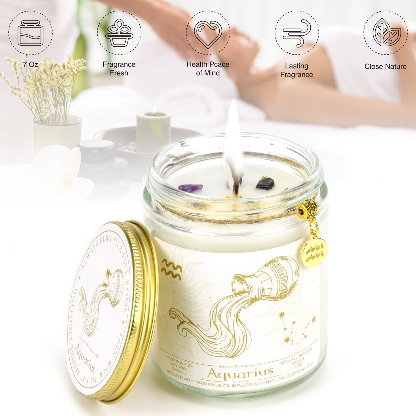 YTENTE Aquarius Gifts - Zodiac Sign Crystals Candles, Scented Soy Candles for Mom, Women, Sister, Anniversary, Birthday
