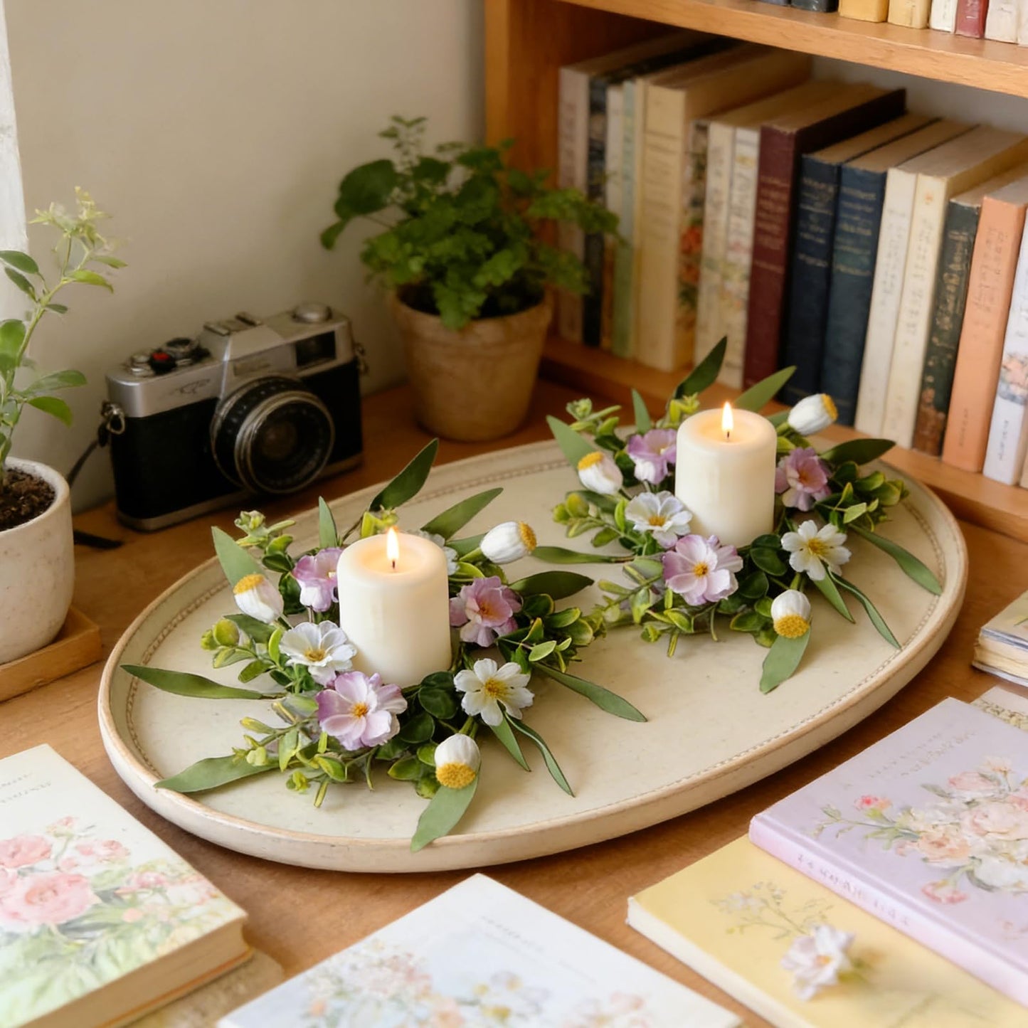 6 Pcs Small Spring Summer Candle Ring Wreaths with Artificial Pink White Flower and Yellow Fruit Mini Pillar Candle Holder Wreath with Lavender for Home Kitchen Cabinets Table Centerpieces Front Door