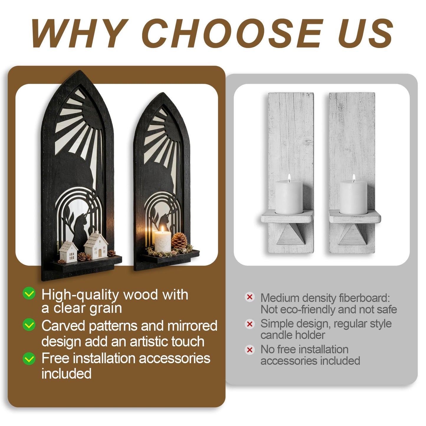 ZEXUIRU 2 Set Rustic Candle Sconces Living Room Bedroom Entryway Wood Mirrored, Farmhouse, Carved Frame Wall-Mount Wooden Candle Holders Wall Decor Hanging Handmade Holder - Black