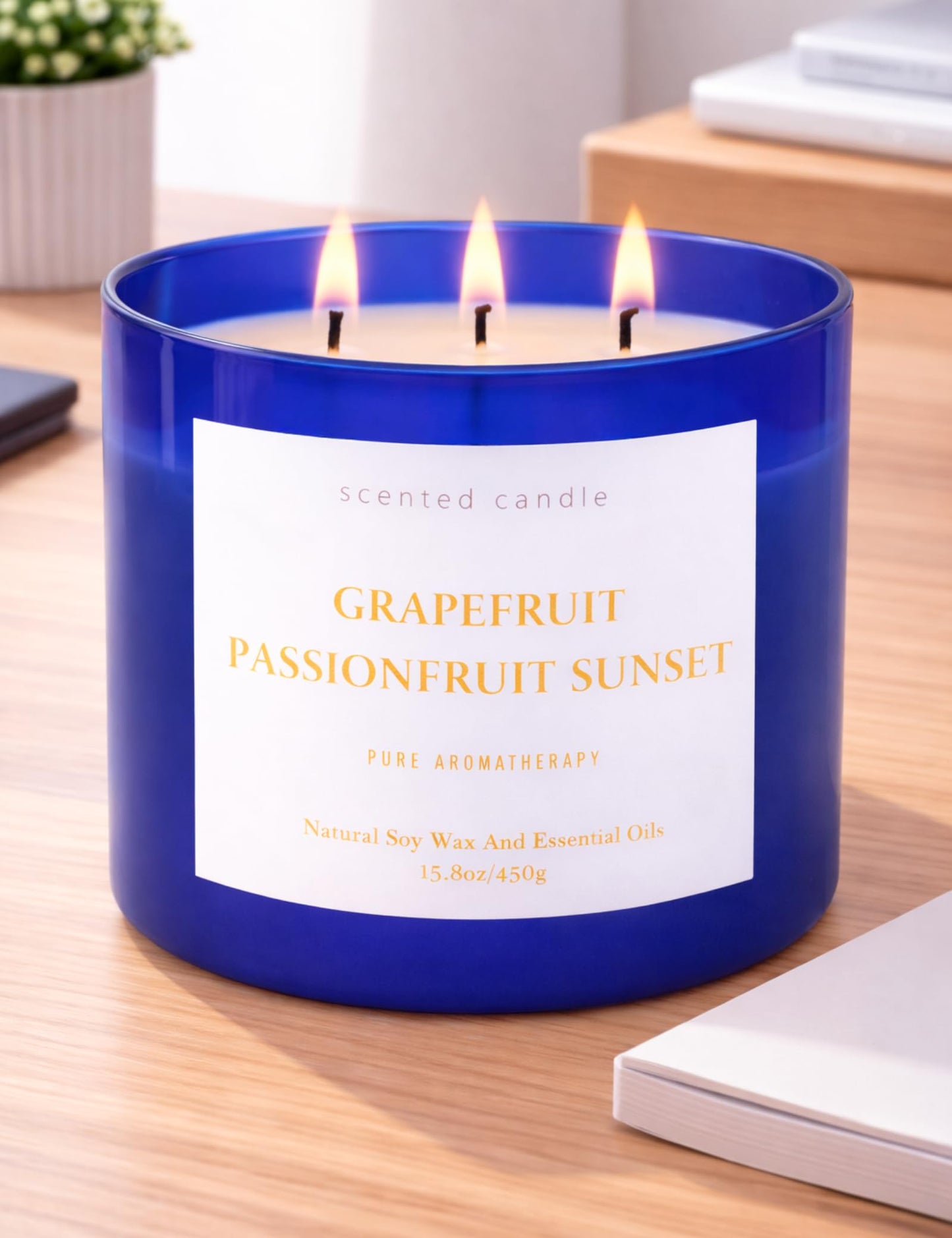 Grapefruit Passionfruit Sunset 3-Wick Soy Candle | 15.8 oz Large Scented Candle for Home | Clean Burn Long Lasting | Tropical Citrus Scent | Gift Ready