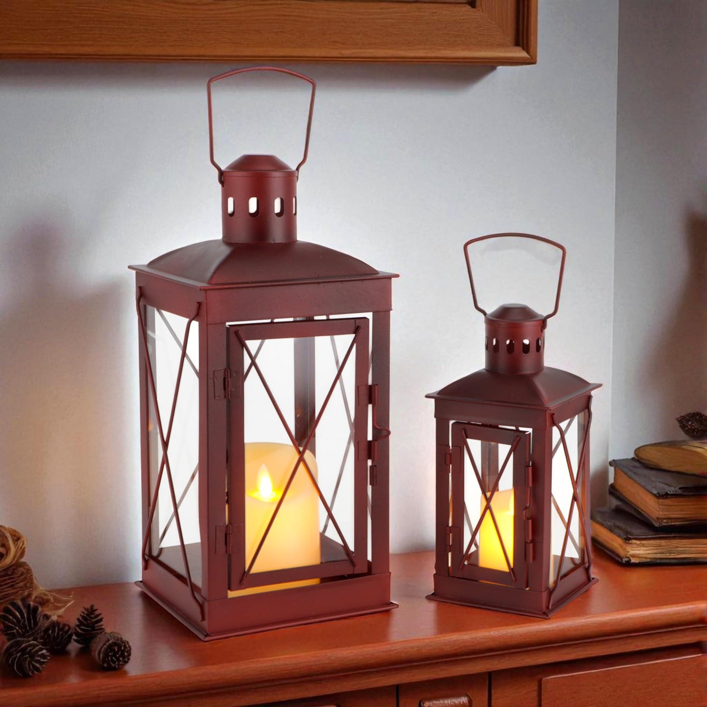 TRIROCKS Set of 2 Decorative Candle Lantern 14/10'' High Metal Candle Holder Hanging Lantern Perfect for Home Decor Patio Living Room Parties Events Tabletop Indoors Outdoors (Red)