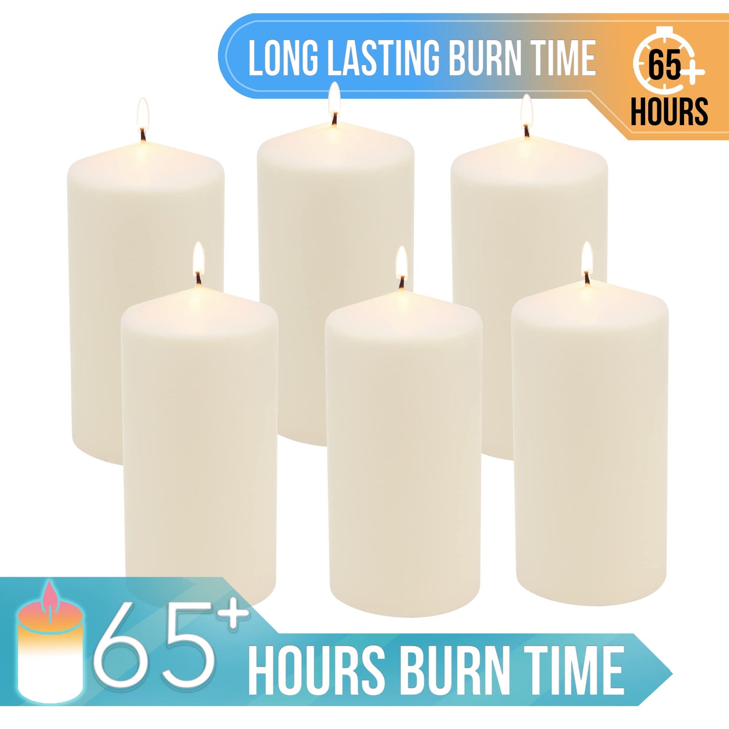 Stonebriar Unscented Pillar Candles – 65 Hour Burn Time, Long-Lasting Wax Candles for Weddings, Holidays, Home Décor & Special Events, Pack of 6, Ivory, 3" x 6"