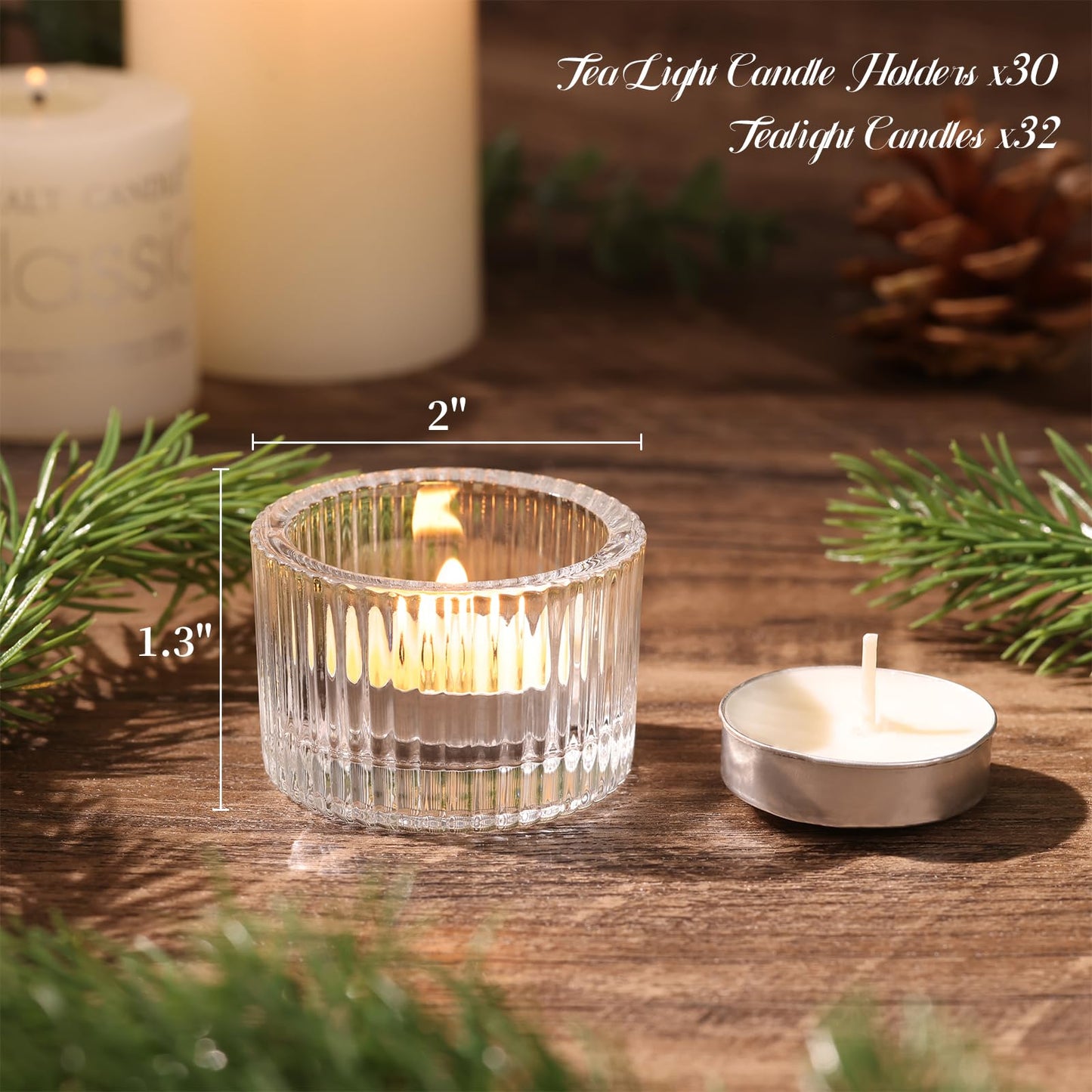 NITIME 30Pcs Clear Tealight Candle Holder with 32pcs Tea Light Candles, Ribbed Votive Candle Holders Glass for Table Centerpiece, Wedding Decor, Home and Holiday Decor