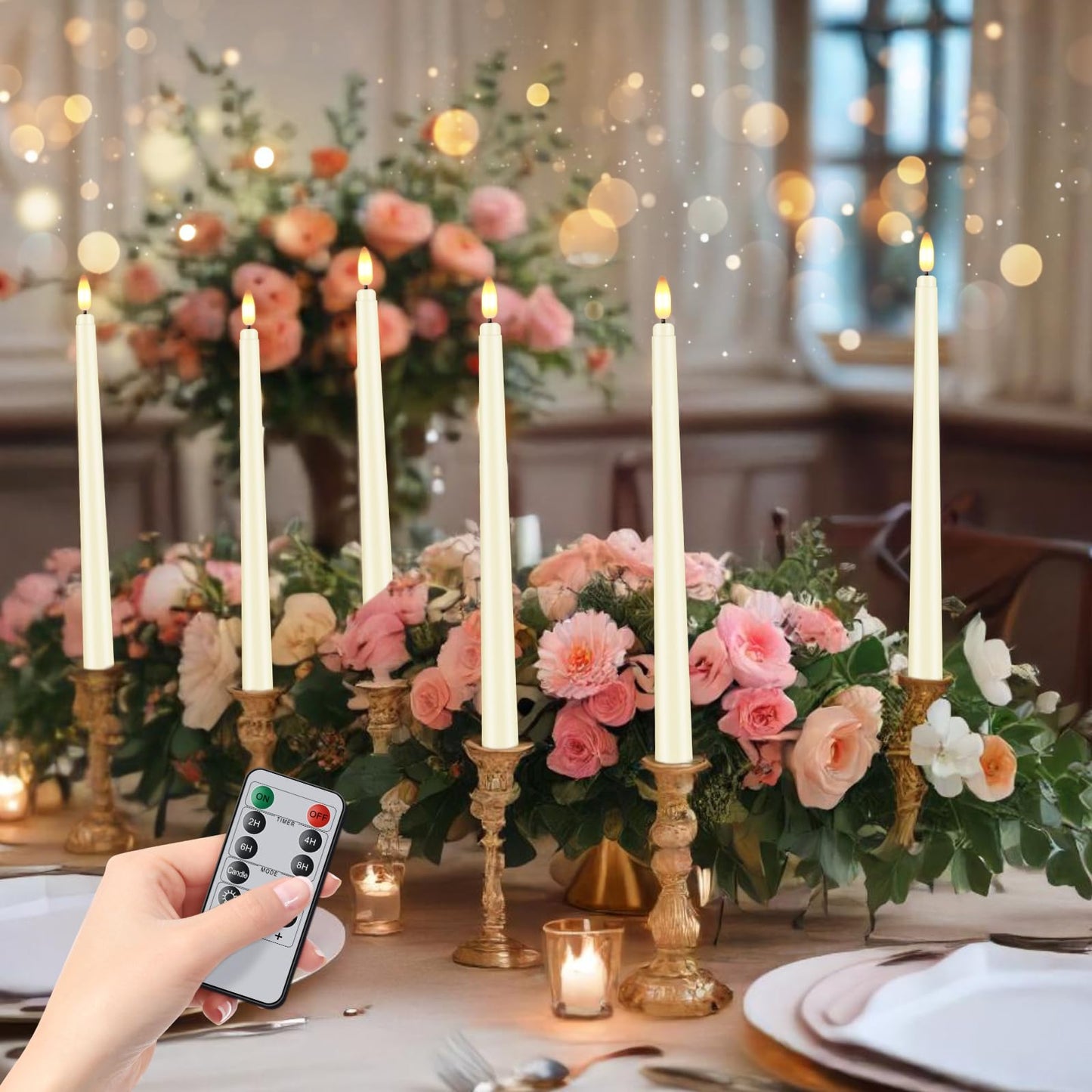 Hopule 12 Pcs Flickering Flameless LED Taper Candles, 11" Long Fake Taper Candles Battery Operated with Remote Timer, Ivory Plastic Electric Candlesticks for Wedding Party Christmas Holiday