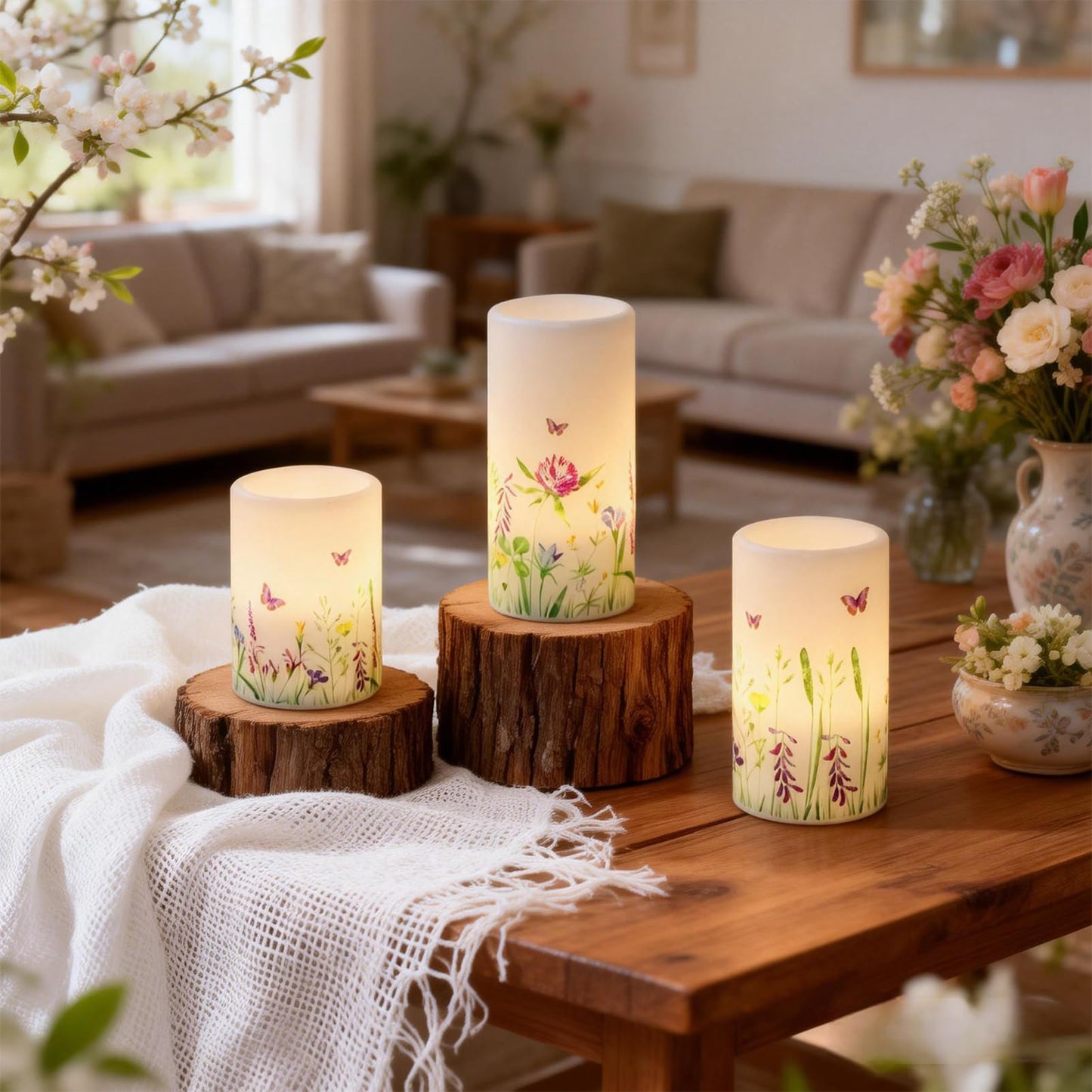 DRomance Butterfly Spring Flameless Candles with 6 Hour Timer Real Wax Battery Operated LED Flickering Pillar Candles Dinner Holiday Home Decor(3 Pack, 3" D x 4", 5", 6" H)