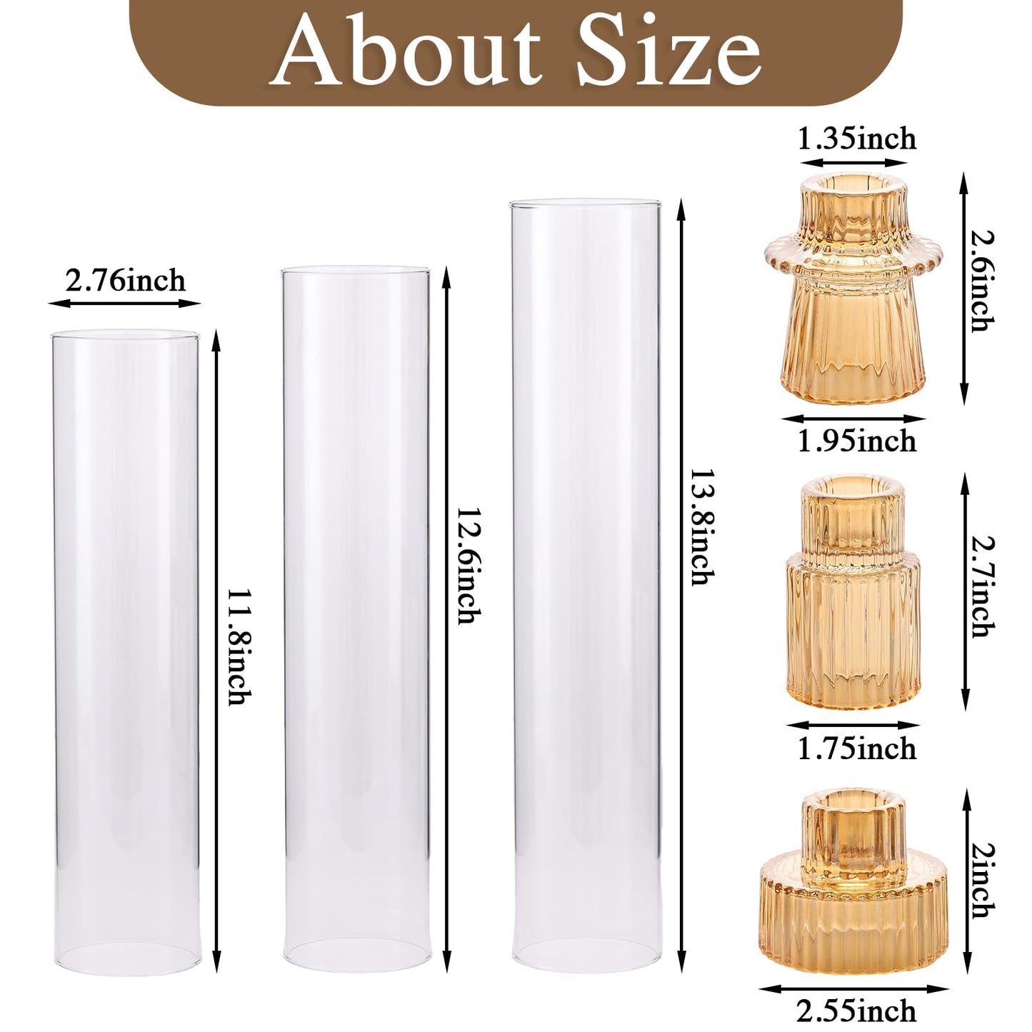 NITIME 9 Set Hurricane Glass Candle Holders for Table Centerpieces, Gold Candlestick Holders with Windproof Cylinder Covers(11.8"/12.6"/13.8" H), Taper Candle Holders for Wedding, Party and Home Decor